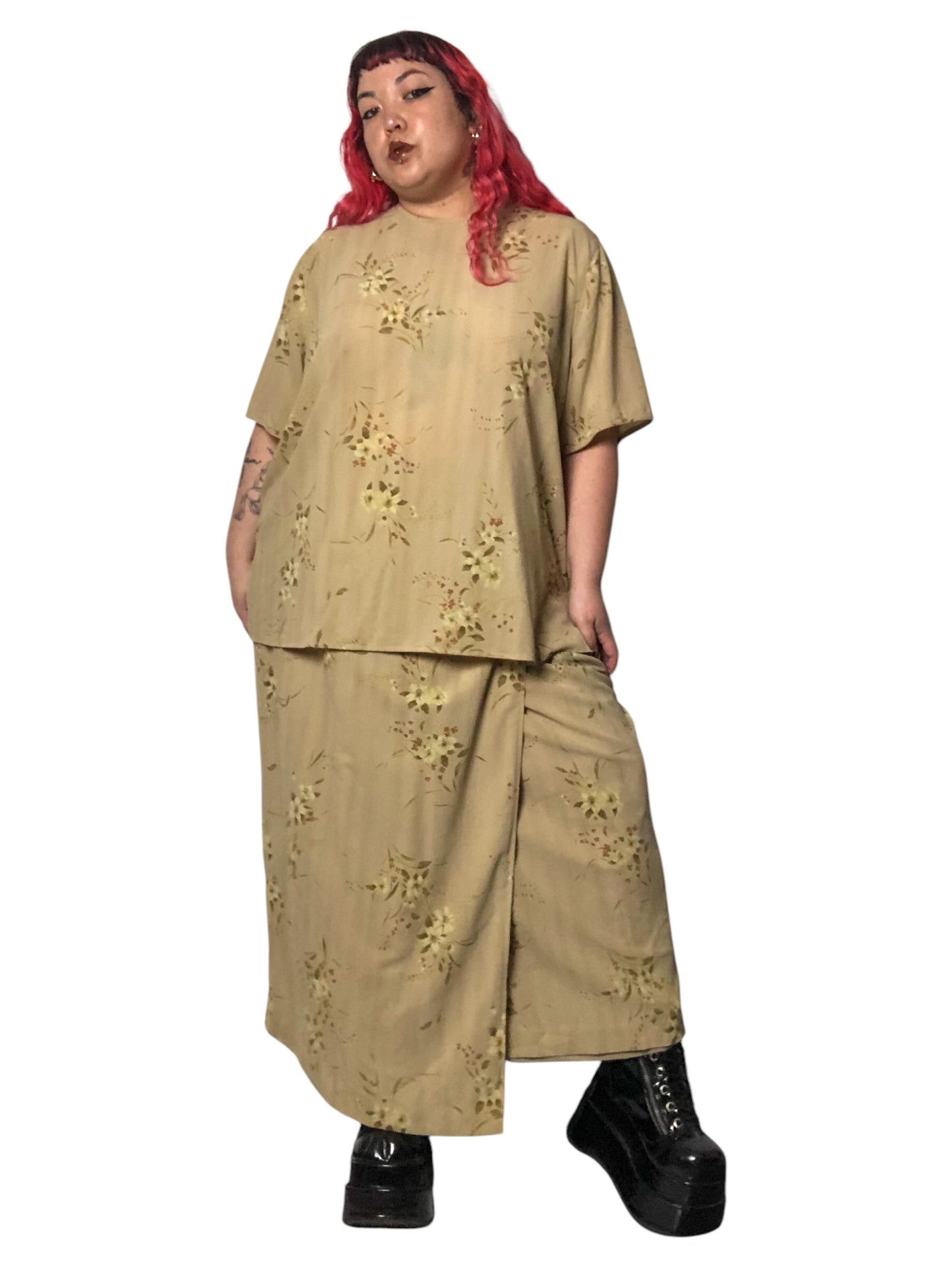 Y2K Rena Rowan Khaki Floral Print 2-Piece Set (3X)