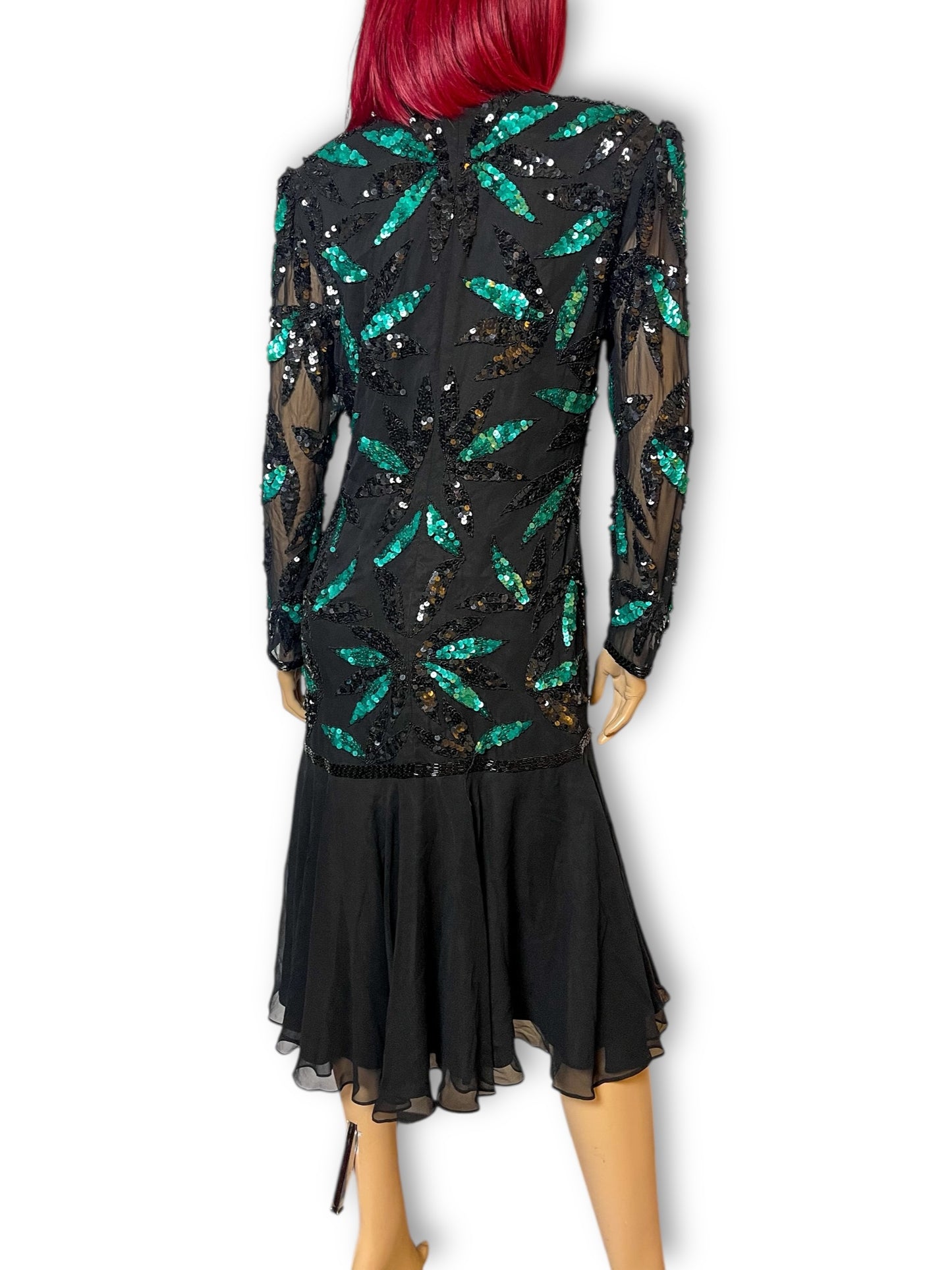 80’s Liz Elana Black and Teal Sequin Cocktail Dress (M)