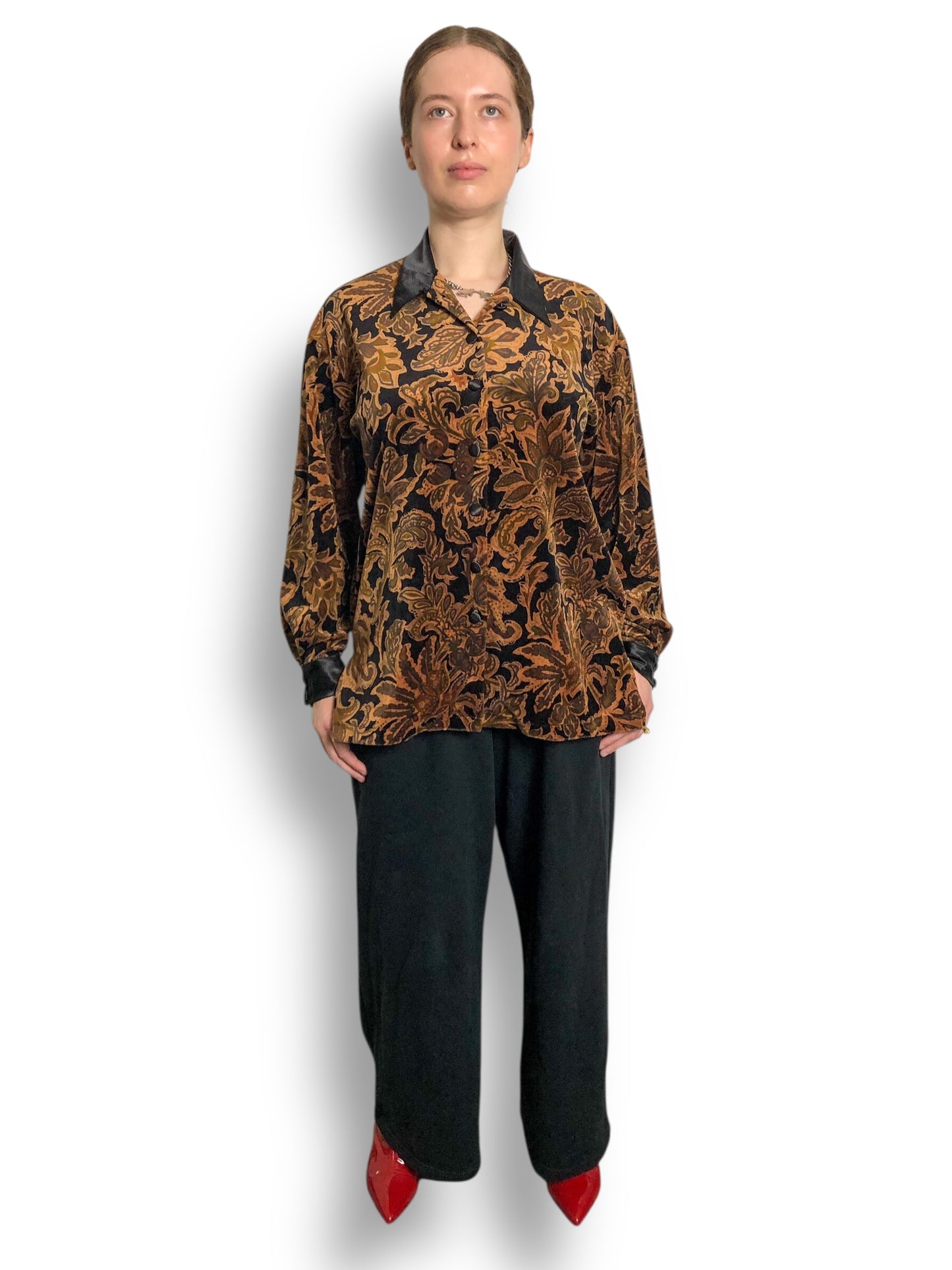 80’s/90’s Lizsport Black and Brown Paisley Velour Shirt (M/L)