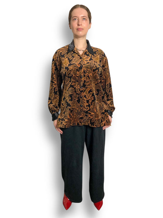 80’s/90’s Lizsport Black and Brown Paisley Velour Shirt (M/L)