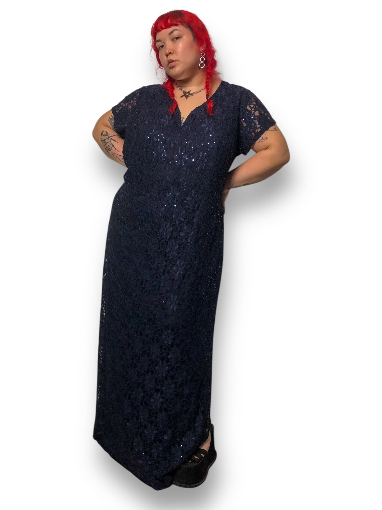 Y2K Connected Navy Blue Floral Lace Evening Dress (3X)