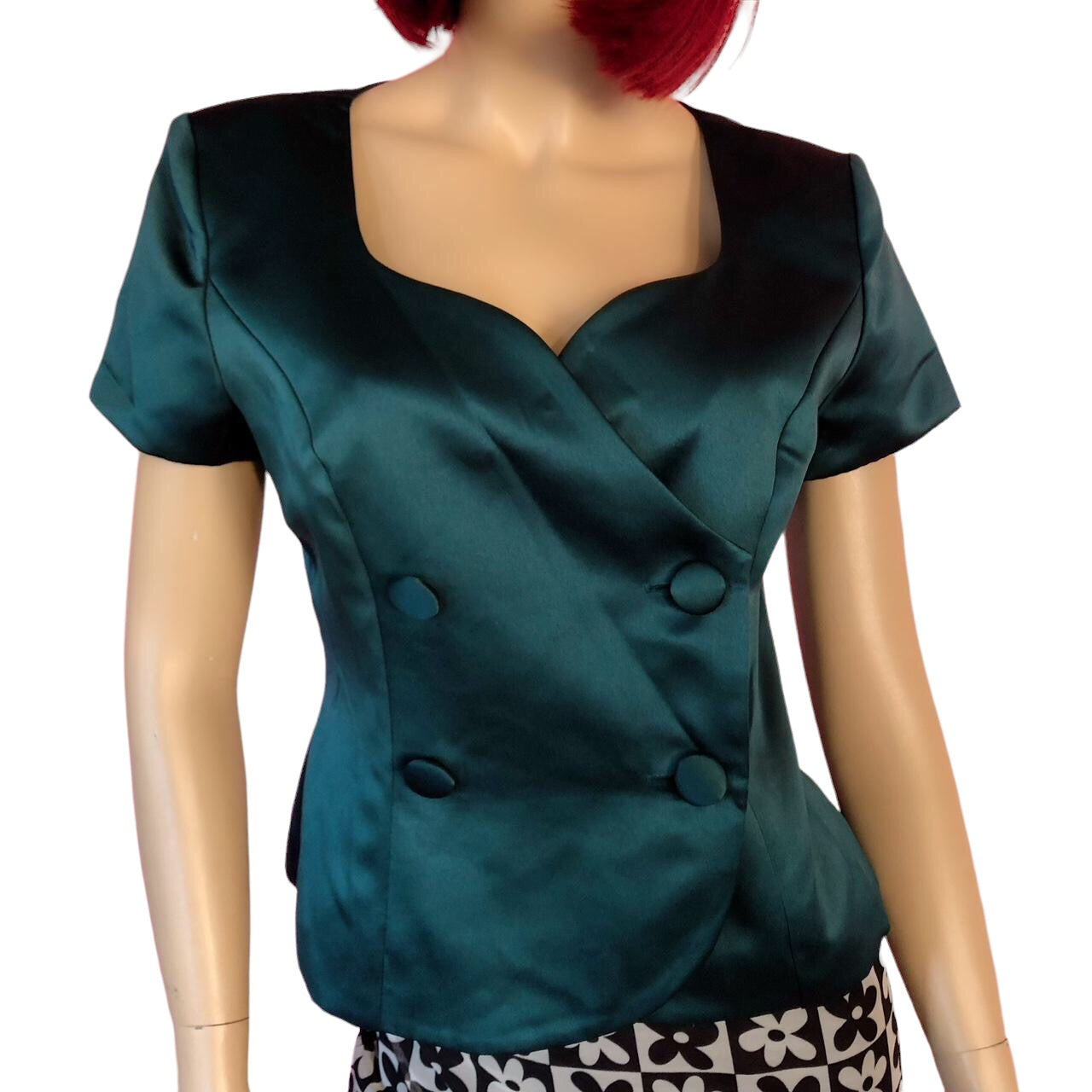 80's Donna Ricco Emerald Green Retro Satin Blouse (L)