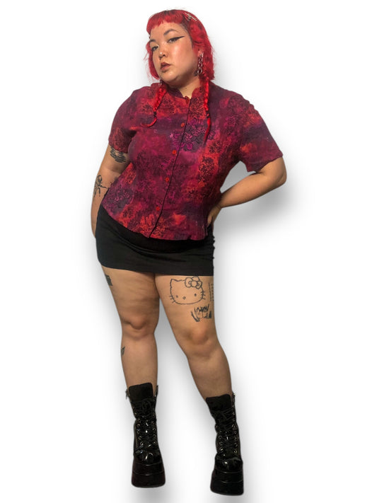 Y2K Red Floral Print Blouse (XL)