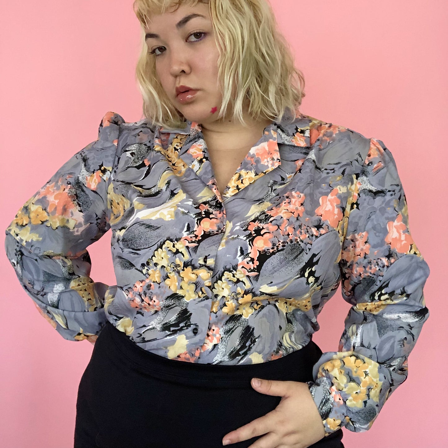 70's/80's Joanna Gray Floral Watercolor Print Blouse (L/XL)