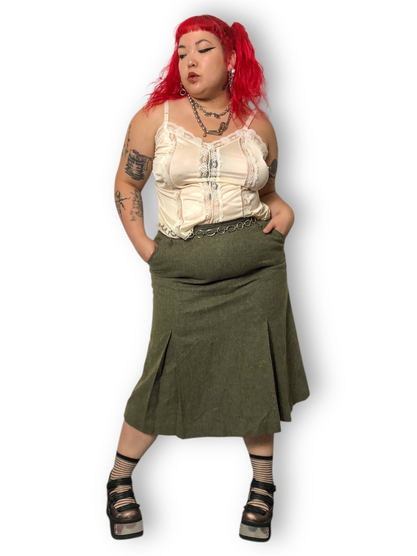 90’s Together! Olive Green Knit Pleated Skirt (2X)