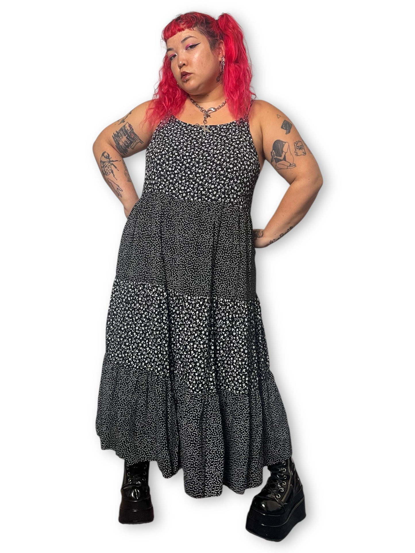 90’s Polka Dot Floral Tiered Maxi Dress (3X)