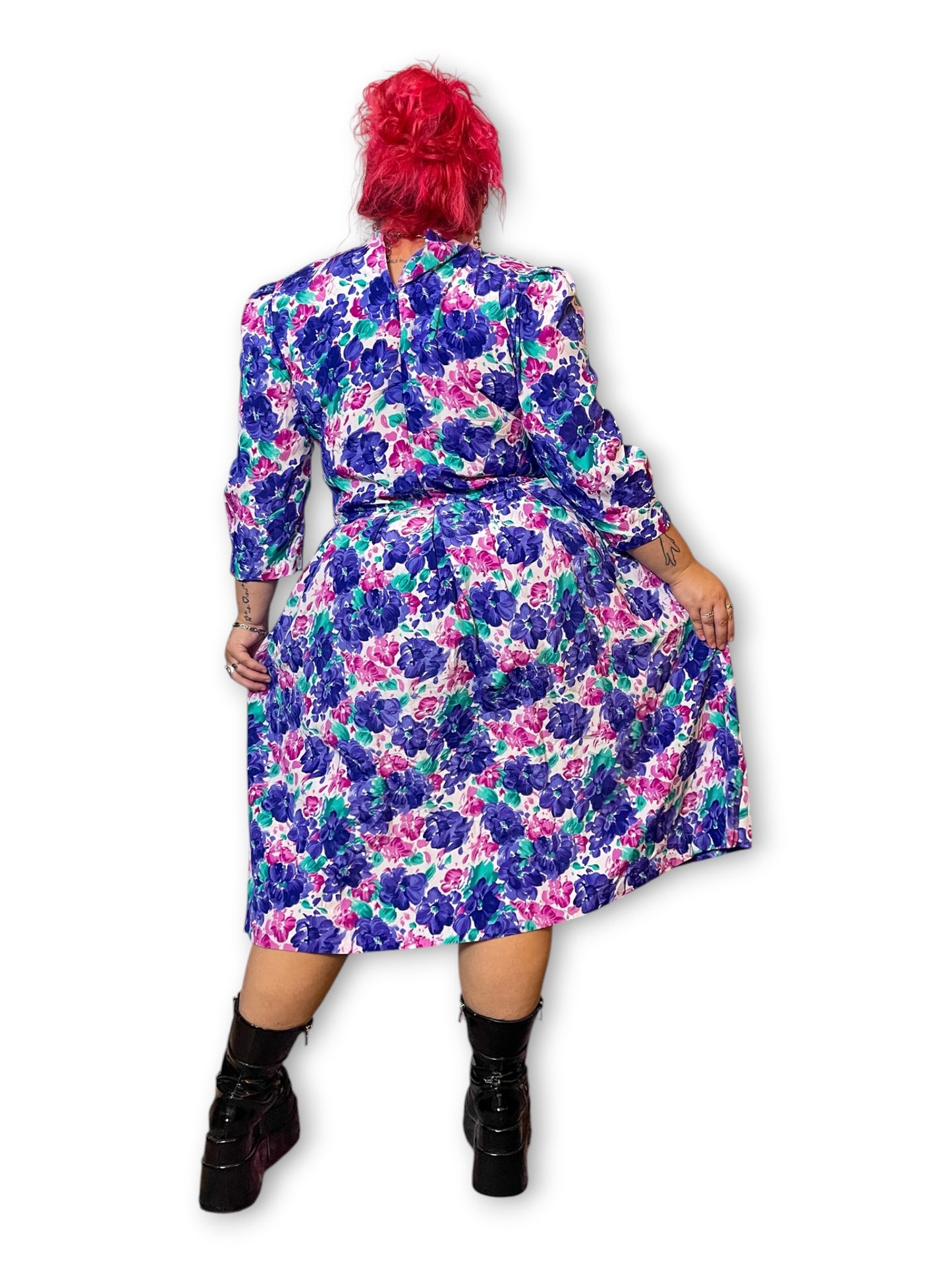 80’s Retro Floral Pleated Dress (1X/2X)