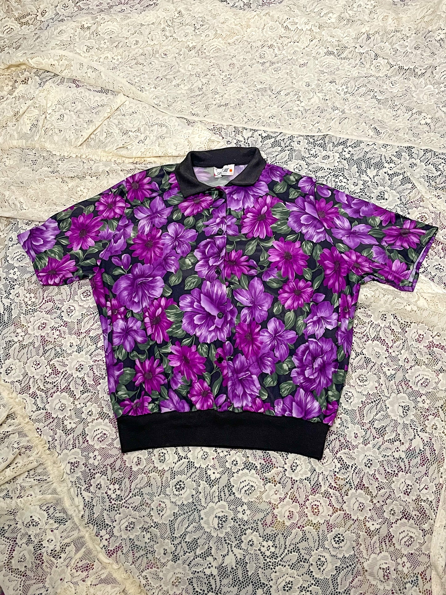 80’s Floral Retro Collared Blouse (L/XL)