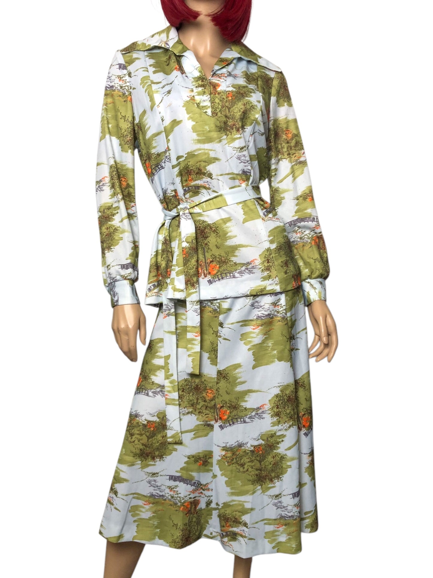 70’s White and Green Retro Print 2-Piece Set (L/XL)