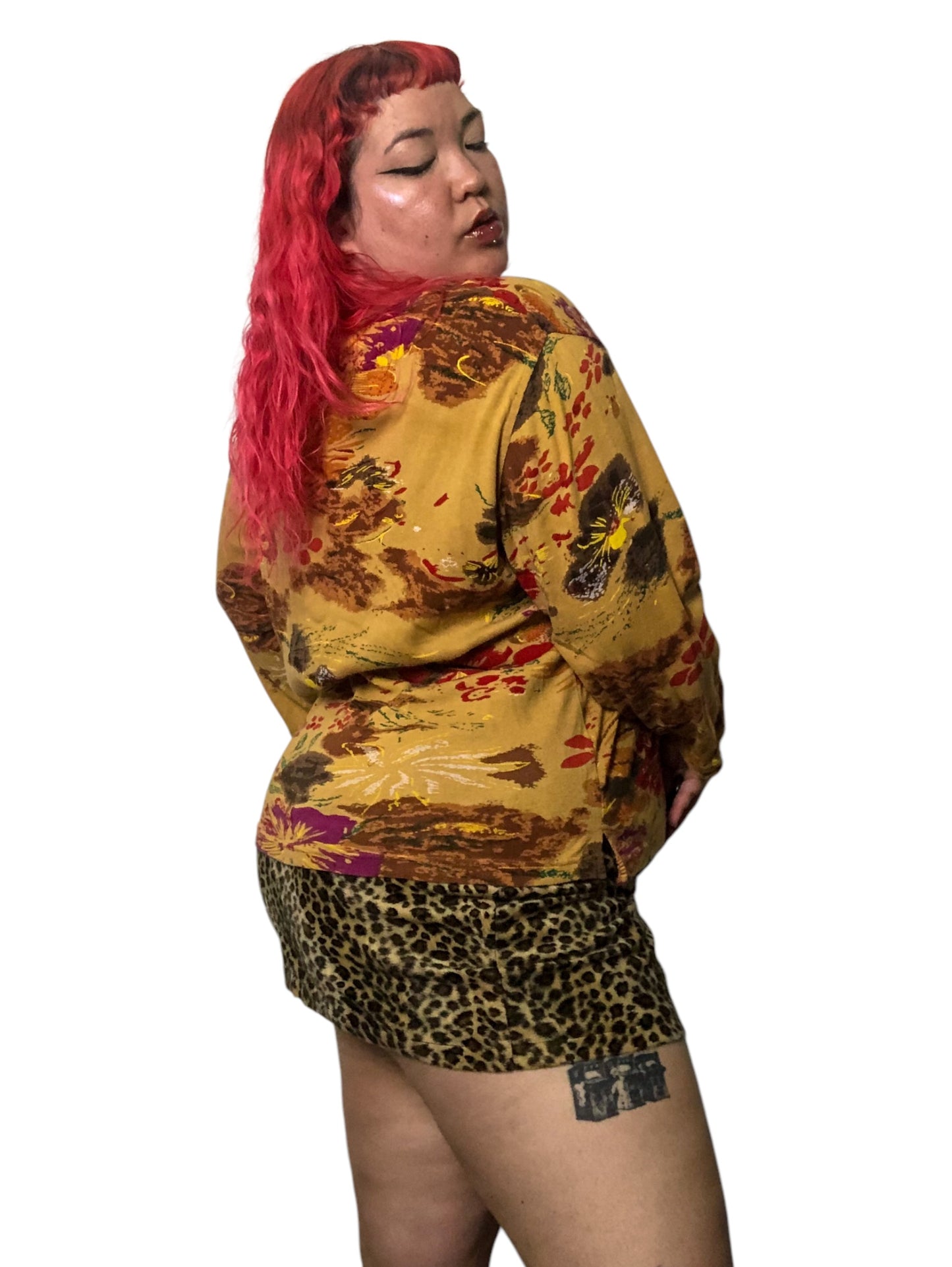 90’s/Y2K Jane Ashley Mustard Floral Print Long Sleeve Shirt (3X)