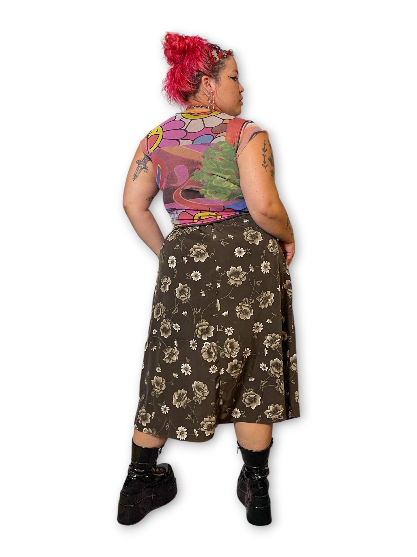 90’s Brown Floral Print Skirt (L/XL/1X)