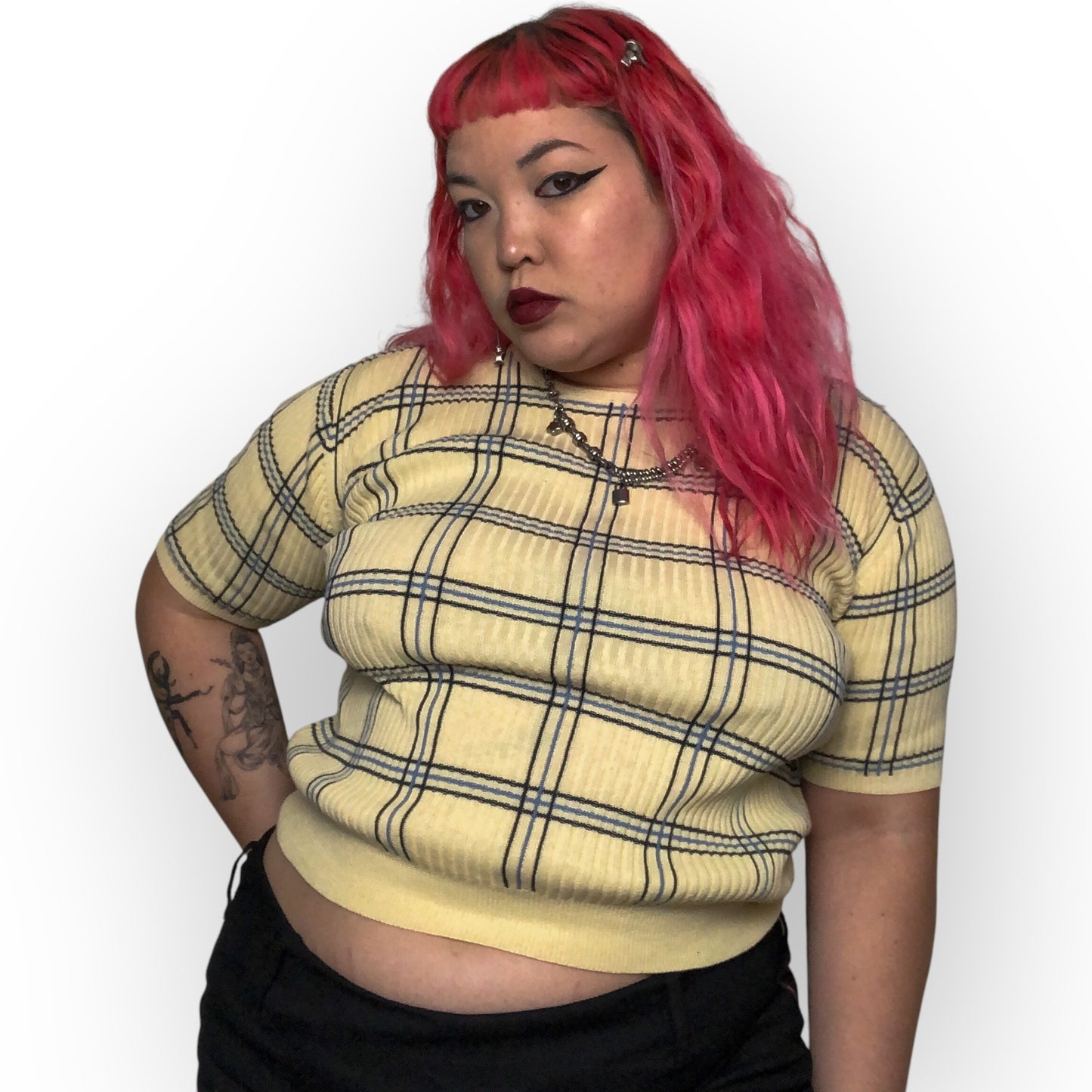 90’s Career Essentials Cream Plaid Knit Shirt (M)