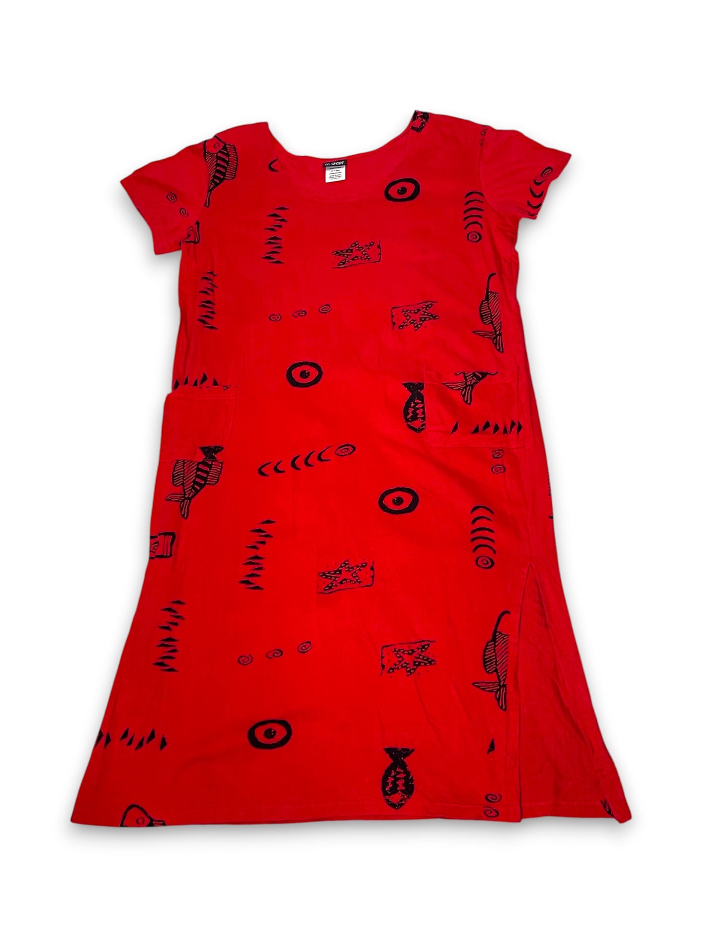 Y2K Red Boho Print Midi Dress (L)