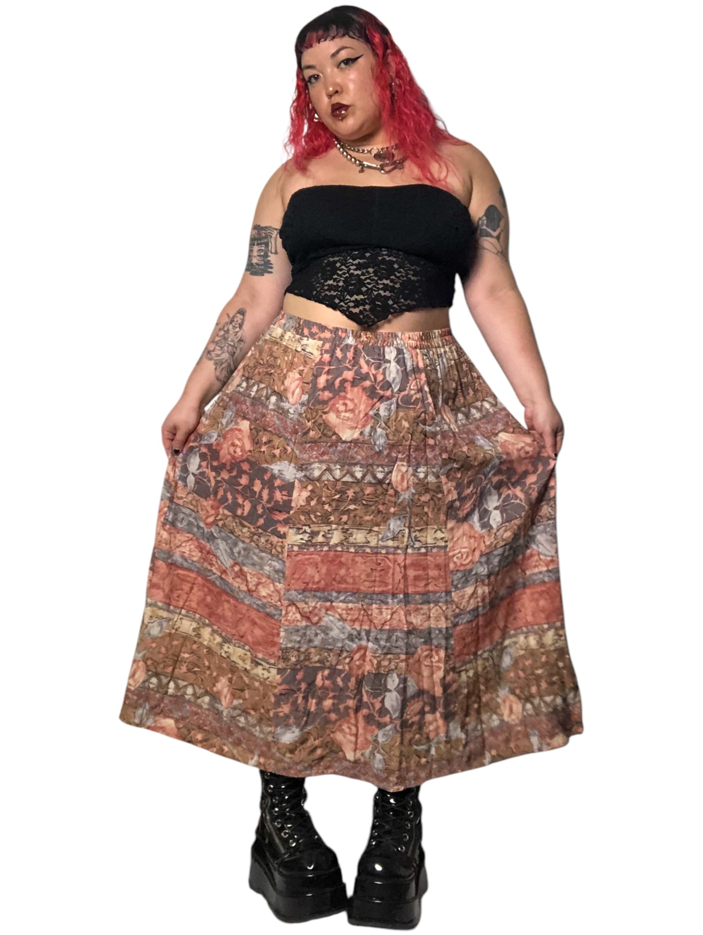 90’s August Max Woman Pink and Khaki Floral Print Skirt (2X)