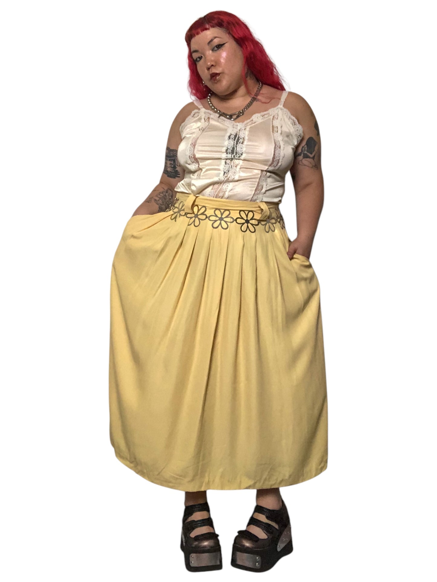 80’s/90’s Michael & Company Pale Yellow Pleated Midi Skirt (2X)