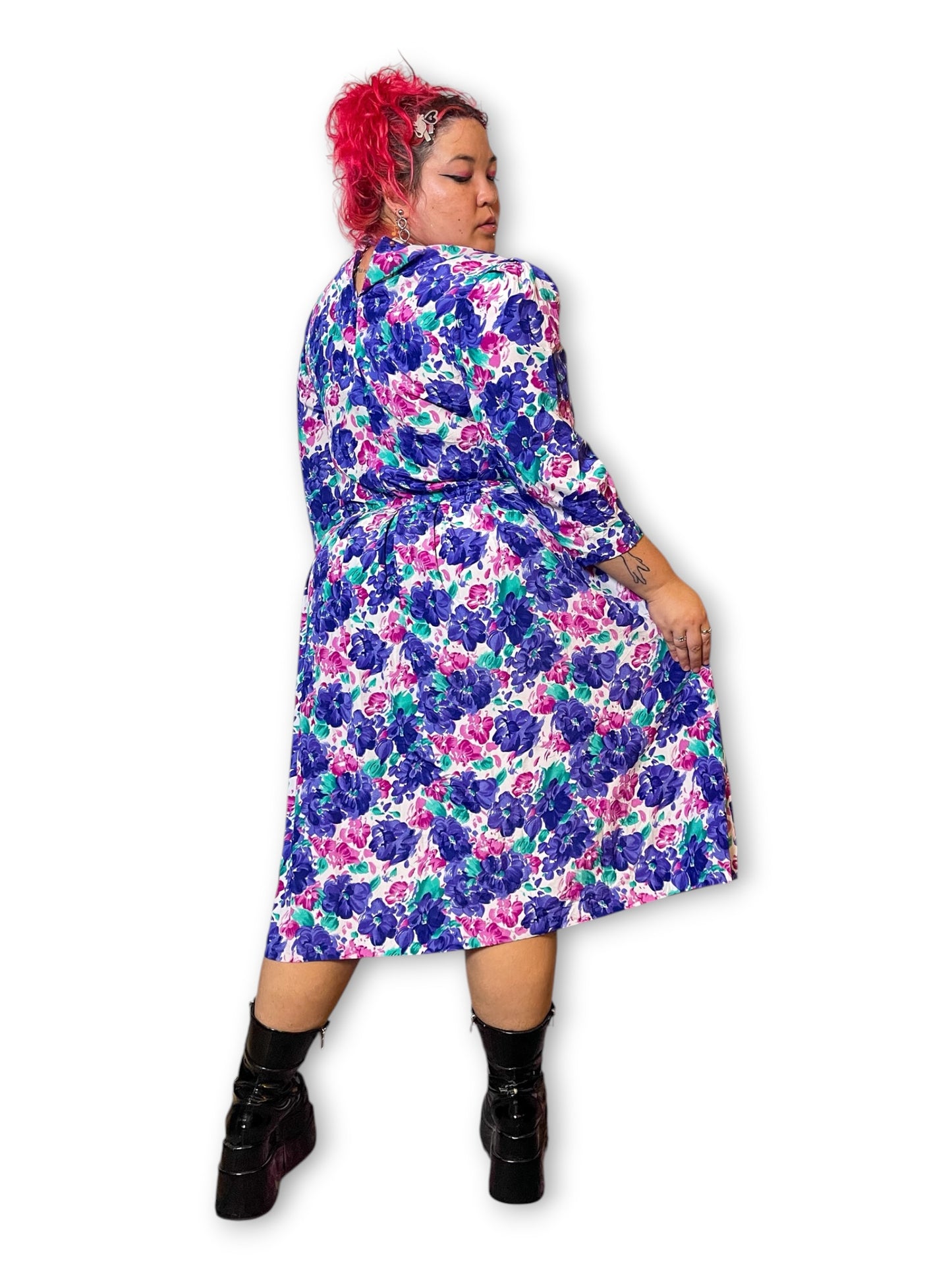 80’s Retro Floral Pleated Dress (1X/2X)