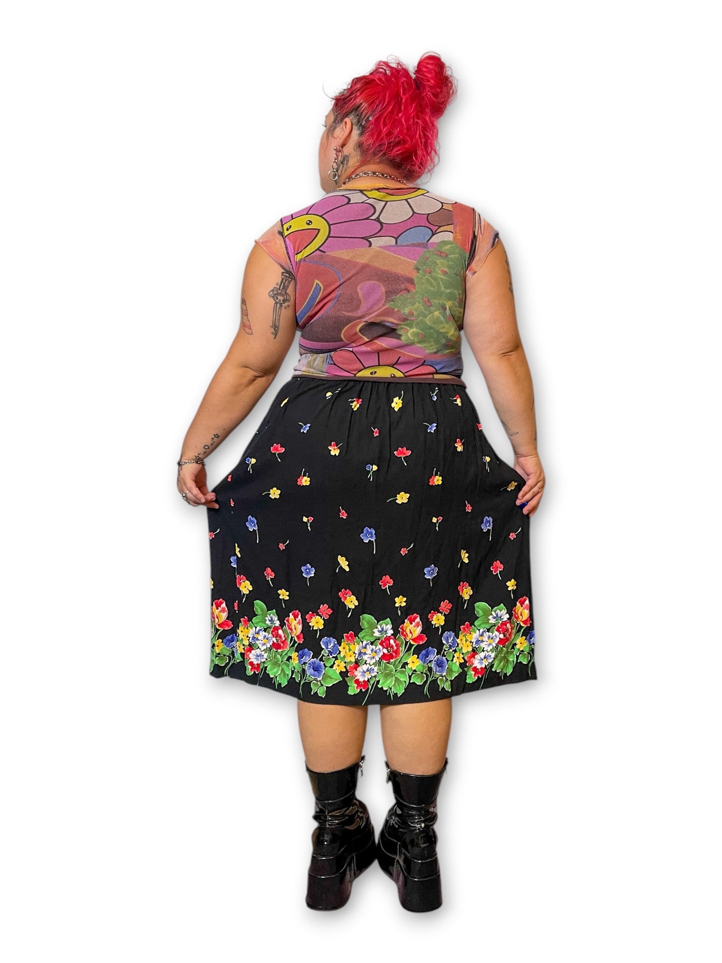90’s/Y2K Black Floral Print Skirt (XL/1X)
