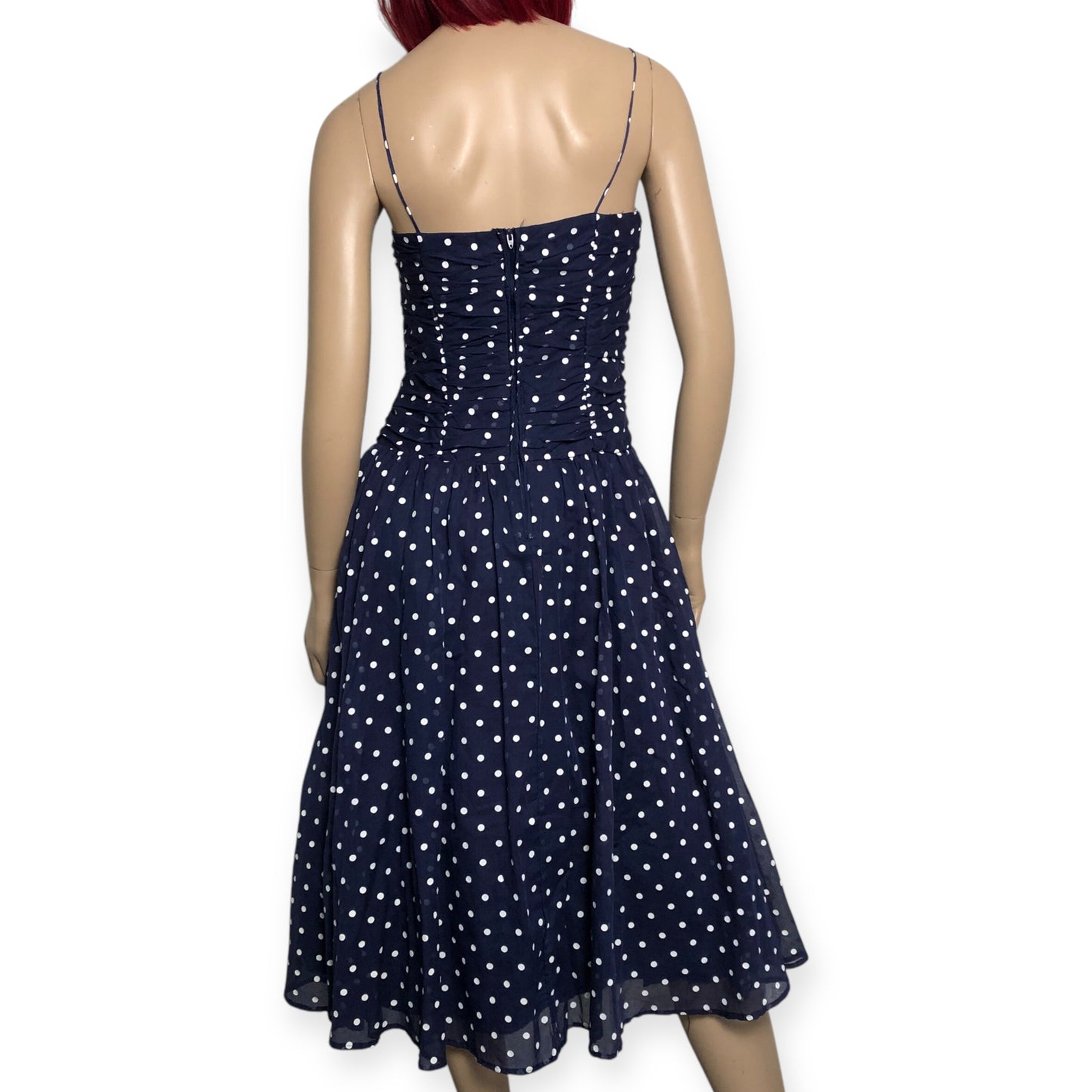 80’s Act I Navy Blue Polka Dot Chiffon Dress (XXS)