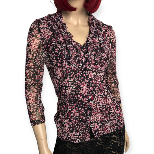 90’s INC International Concepts Black and Pink Floral Print Mesh Blouse (M)