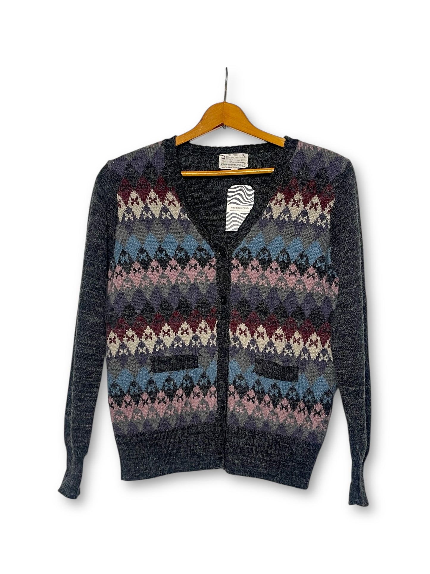 80’s Loubella Gray Argyle Knit Cardigan Sweater (L)