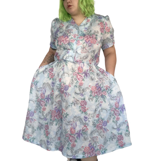 60’s/70’s Light Blue Floral Print Midi Dress (2X/3X)