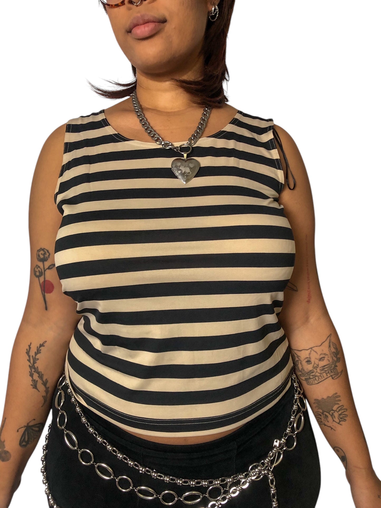 Y2K Draper’s & Damon’s Black and Cream Striped Tank Top (L)