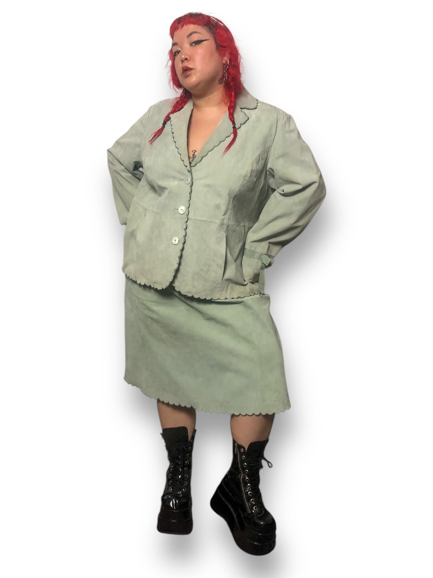 90’s Terry Lewis Mint Green Leather Skirt Suit