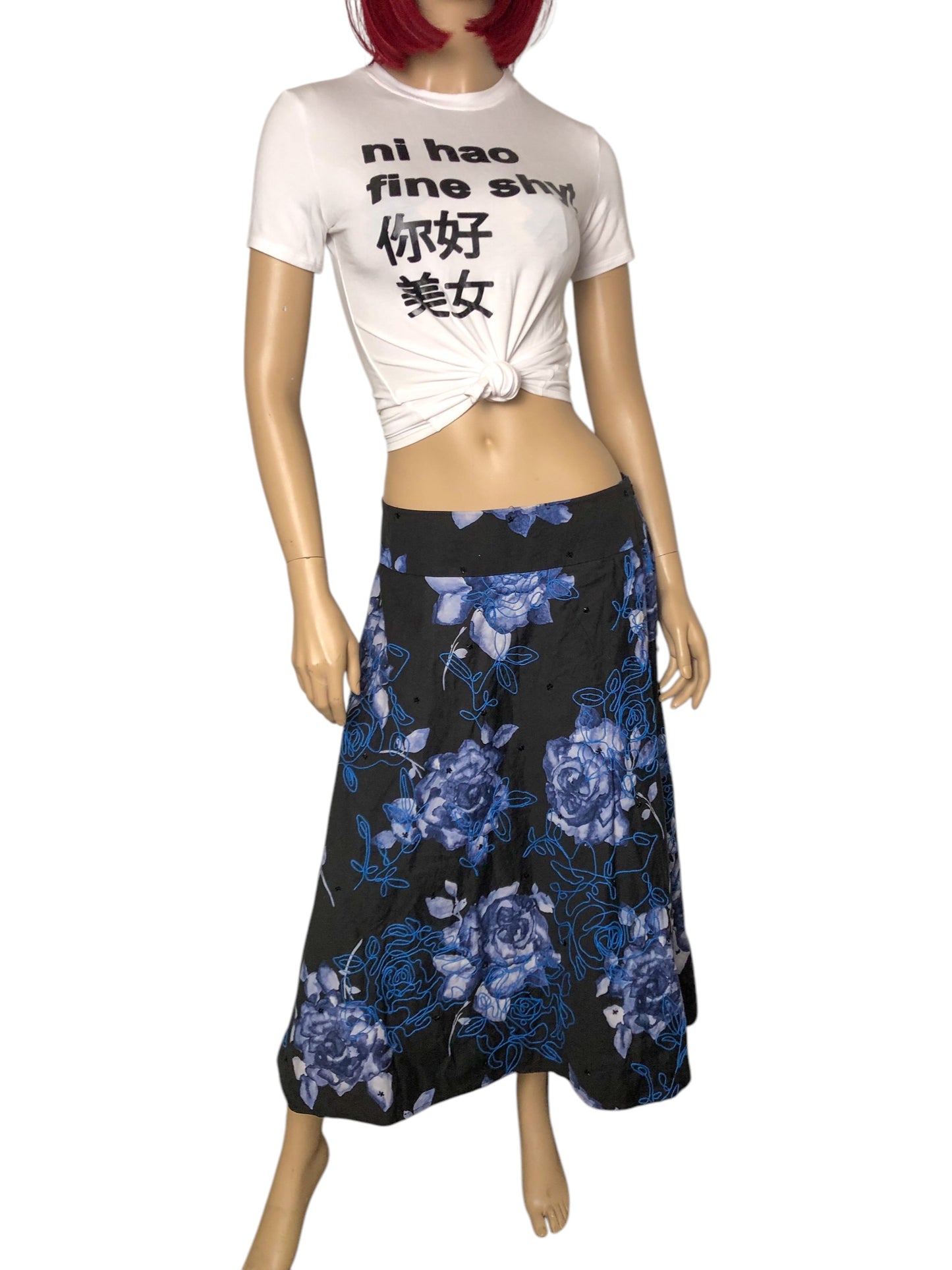 90’s/Y2K Grace Elements Black and Blue Floral Watercolor A-Line Skirt (M)