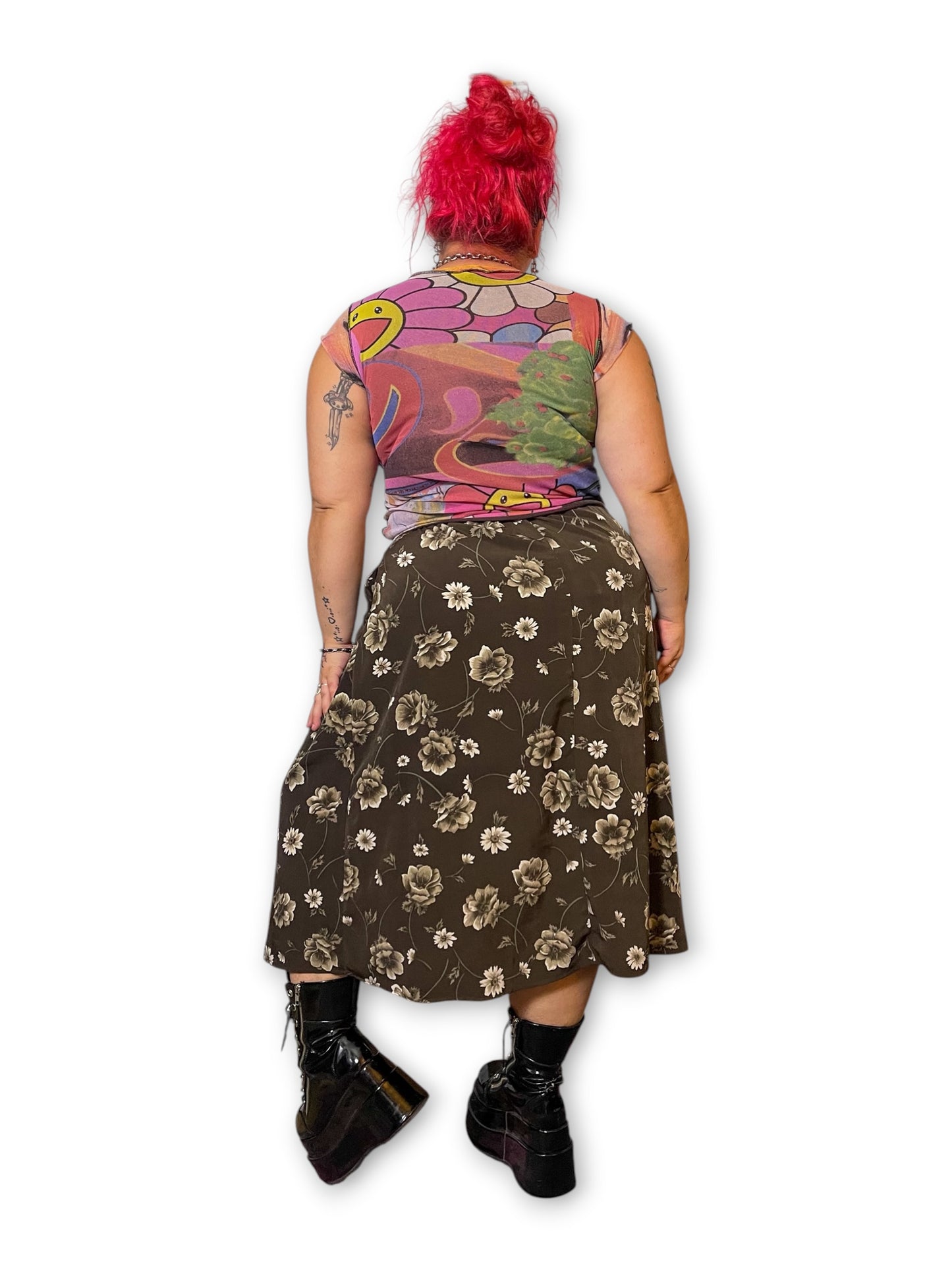 90’s Brown Floral Print Skirt (L/XL/1X)