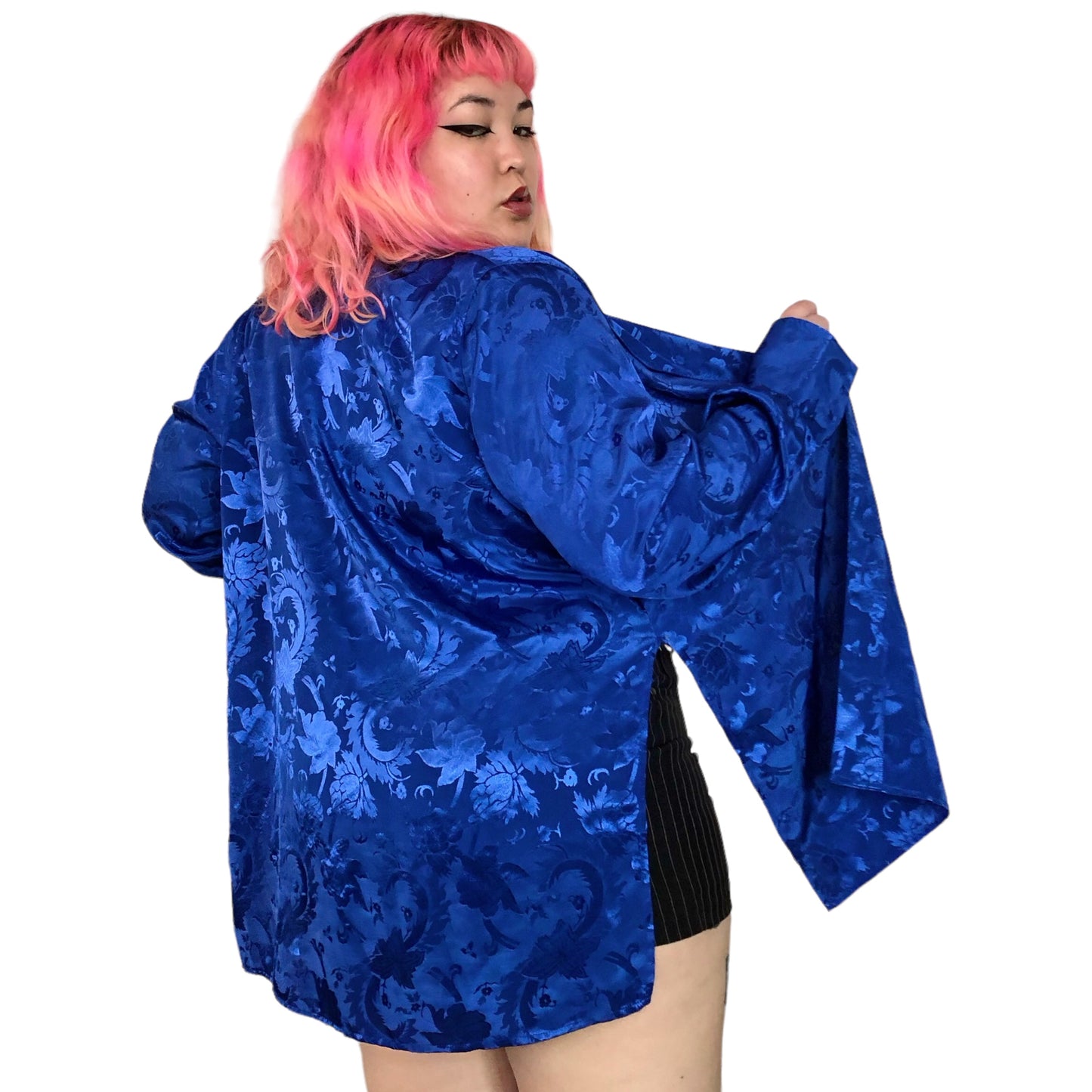 90’s/Y2K Blue Floral Satin Blouse (2X)