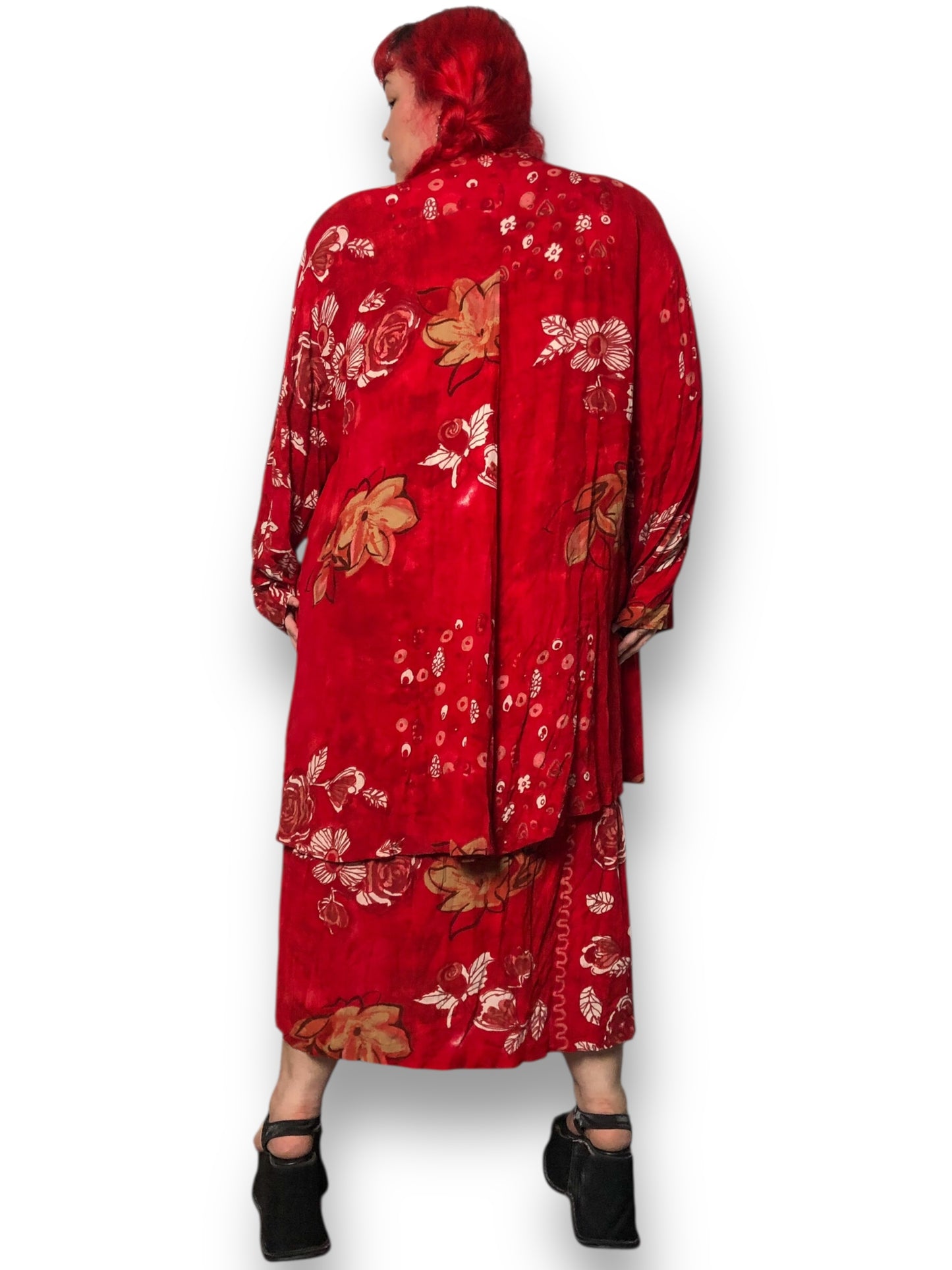 90’s August Max Woman Red Floral Print 2-Piece Set (2X)