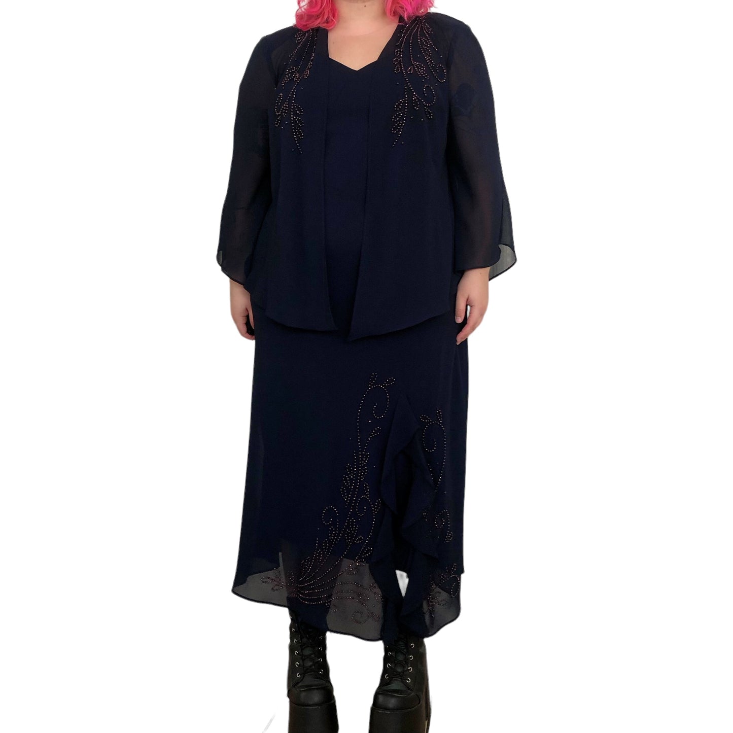 80’s/90’s R&M Richards Navy Blue Mesh Cardigan + Maxi Dress Set (2X)