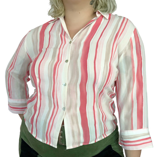 Y2K Dressbarn Pink and Tan Striped Blouse (XL)