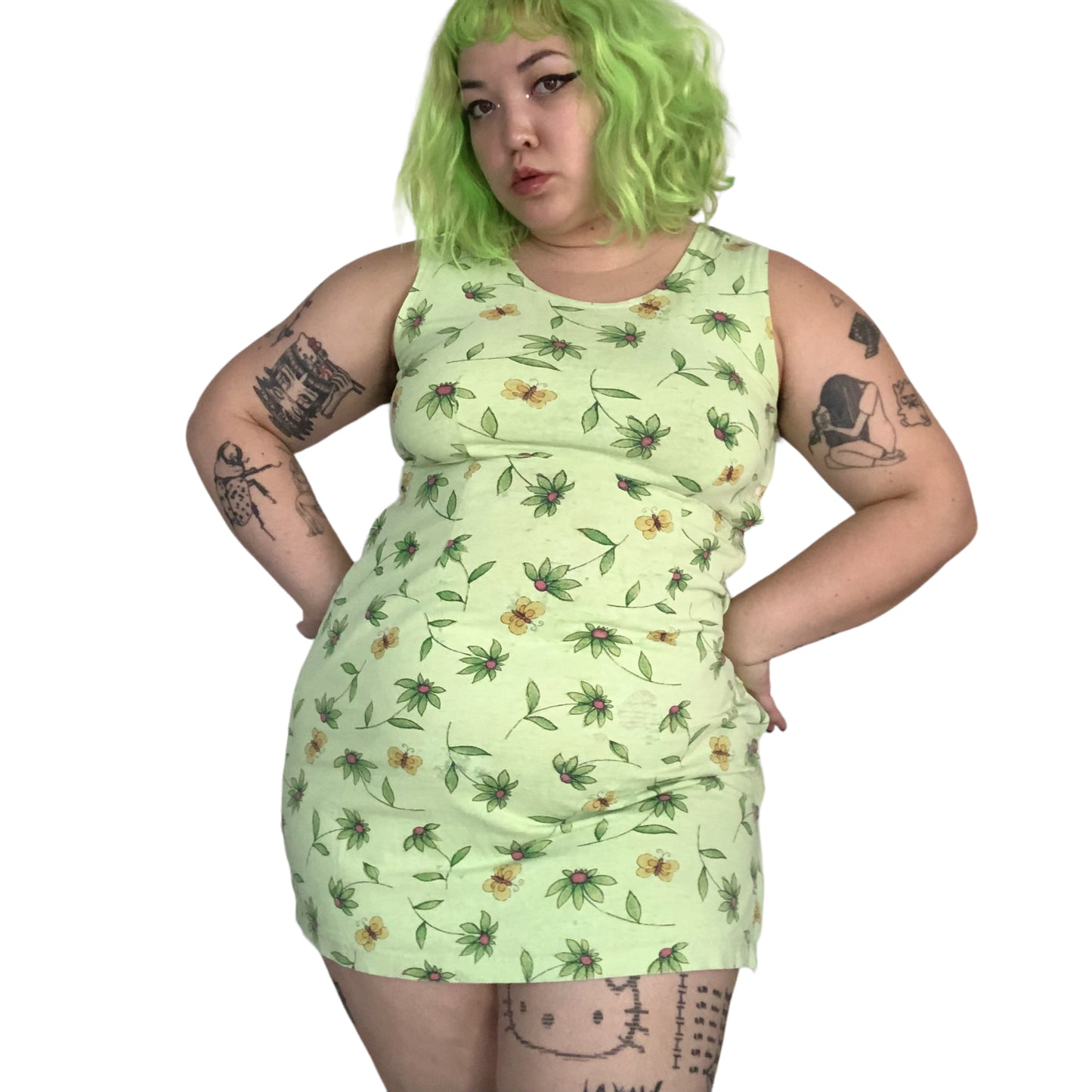 90’s Basic Editions Highlighter Green Floral Print Mini Dress (L)