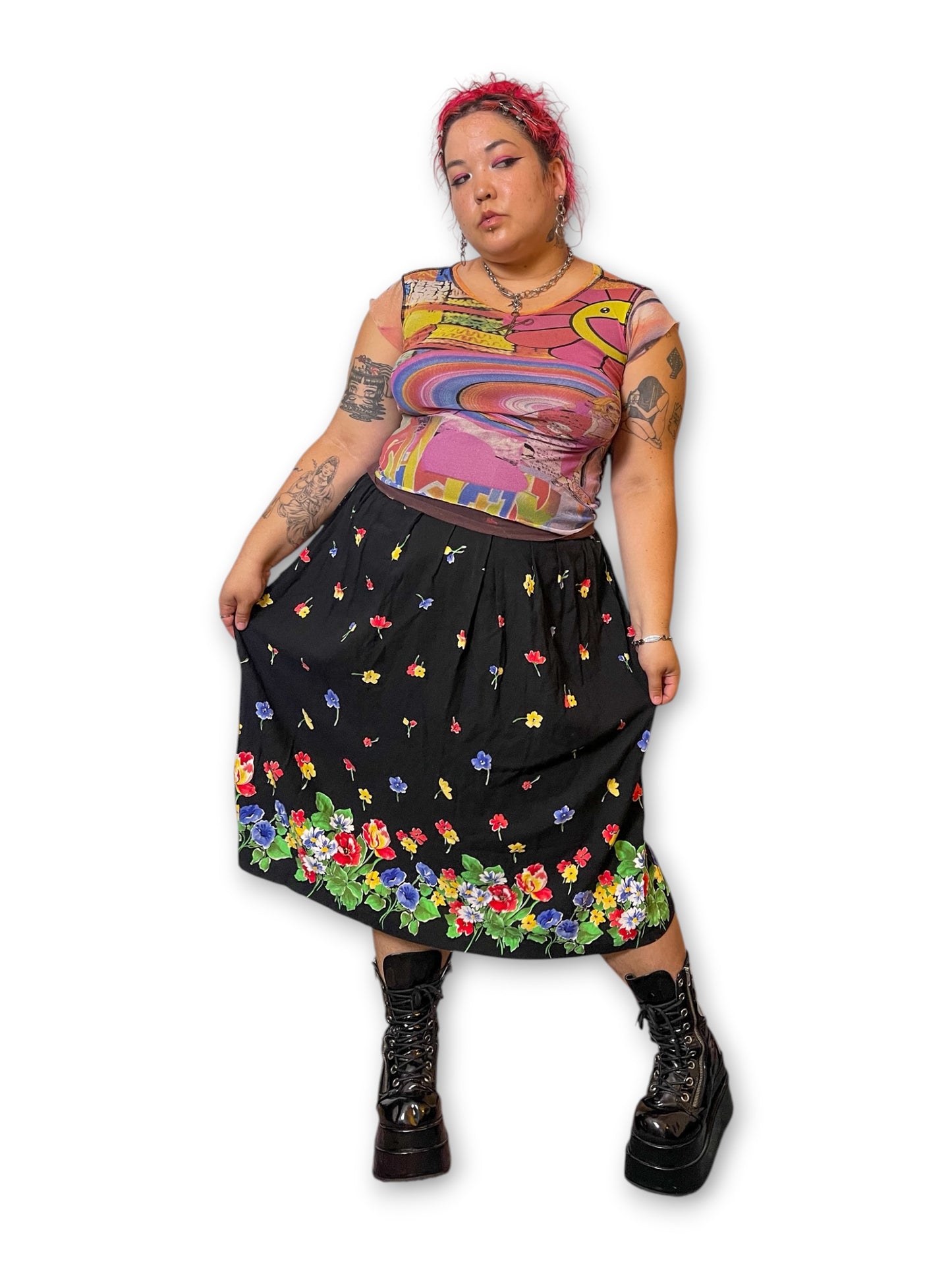 90’s/Y2K Black Floral Print Skirt (XL/1X)
