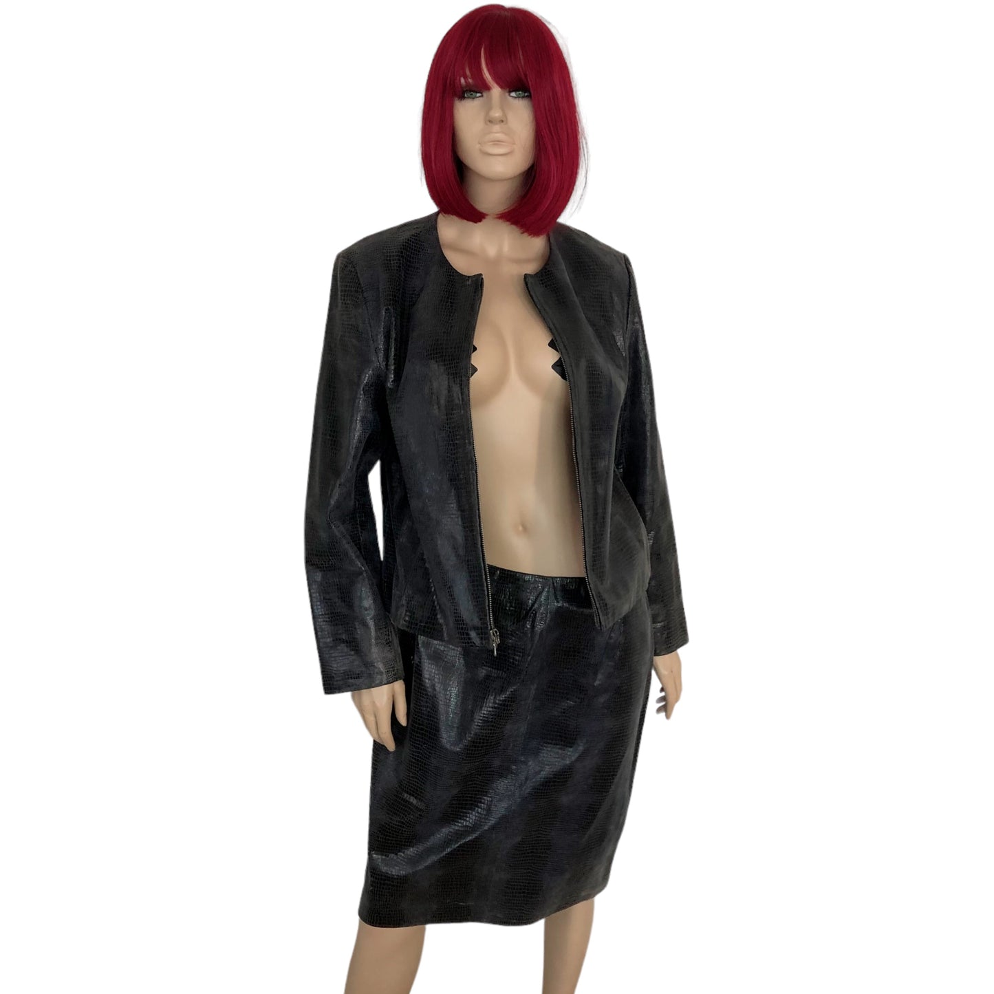 90’s Valerie Stevens Brown Leather Jacket + Pencil Skirt 2-Piece Set (L)