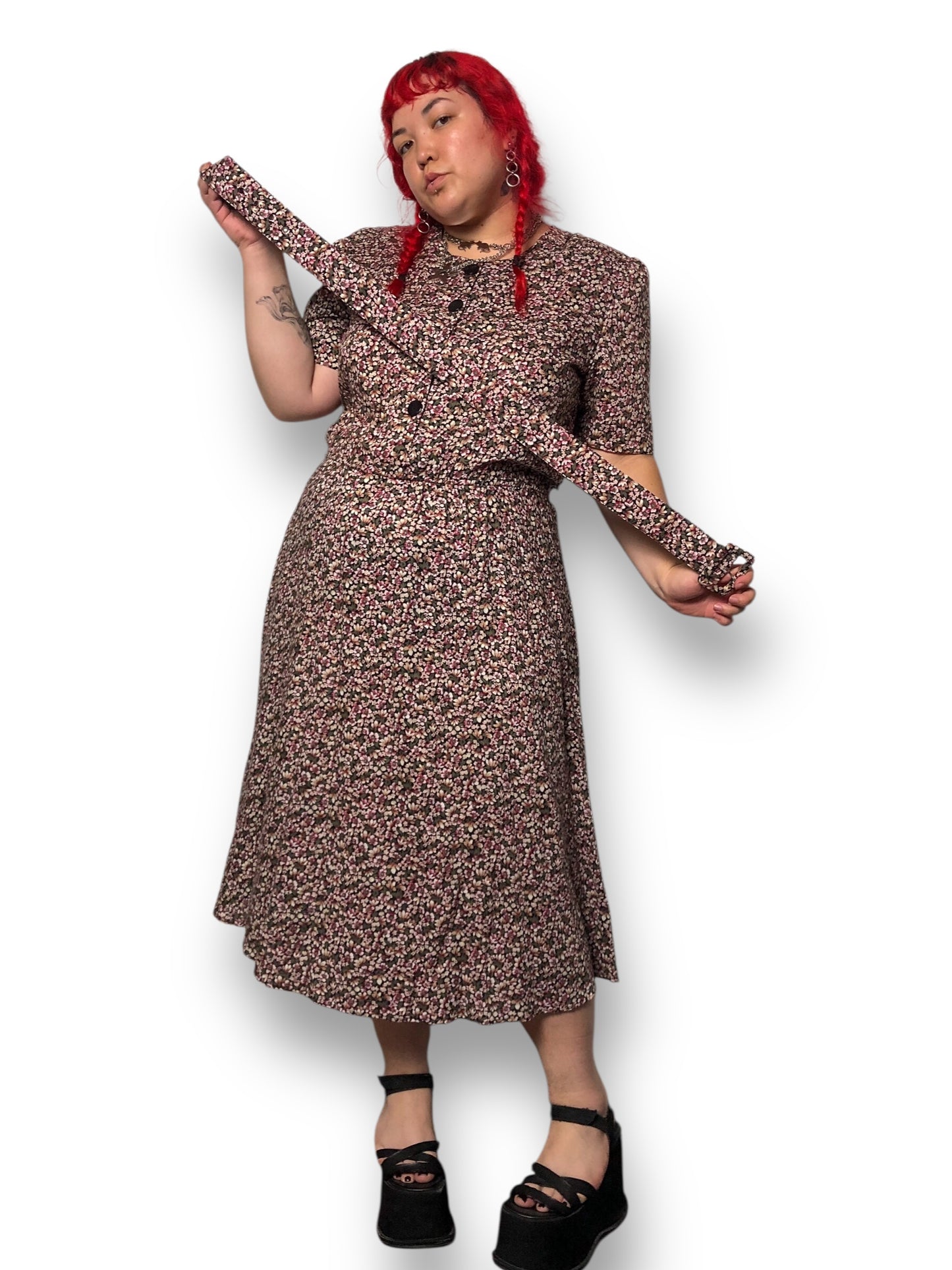 80’s Ms. Basia California Purple Floral Print A-Line Dress (XL)