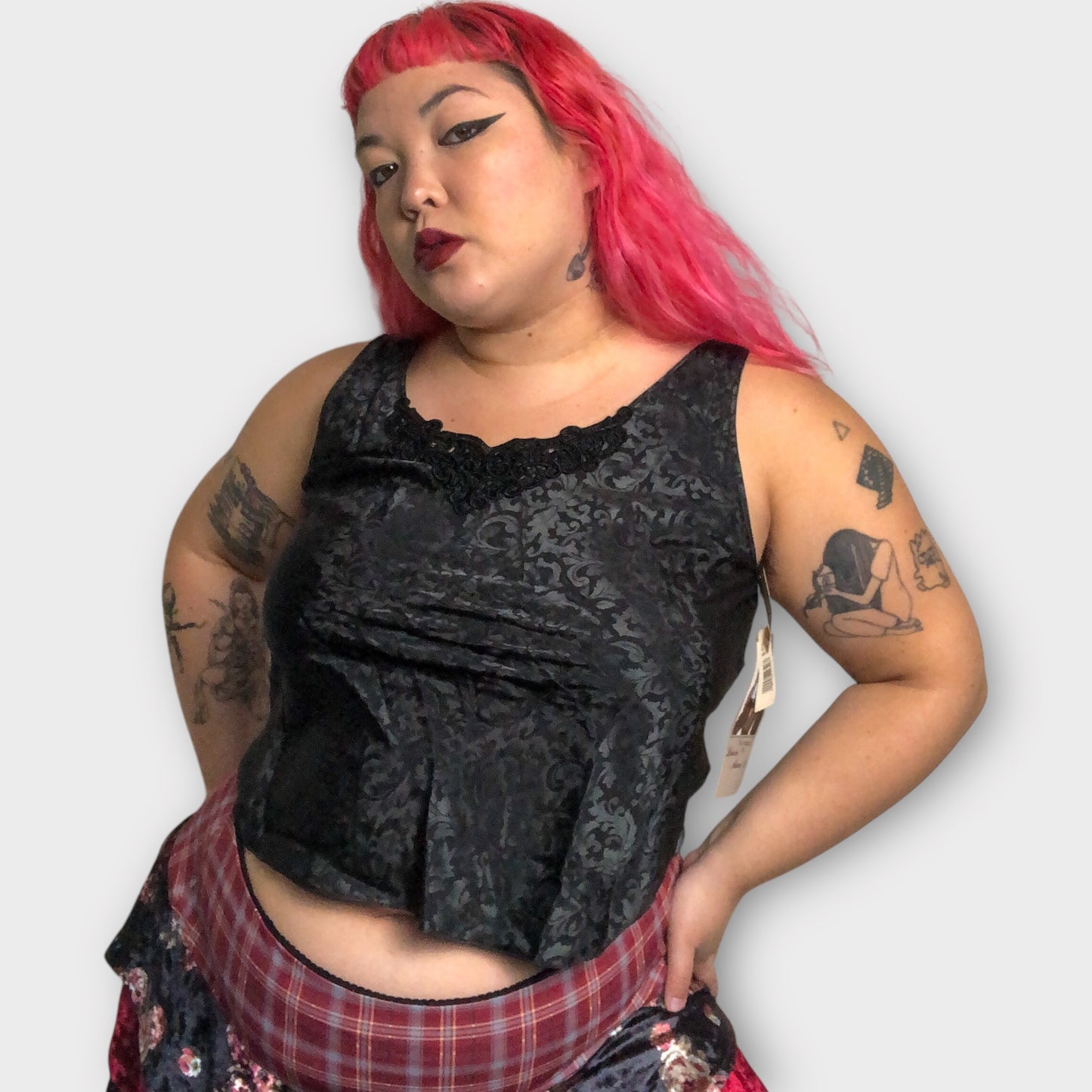 90’s Lucie Ann II Black Filigree Satin Tank Top (L)
