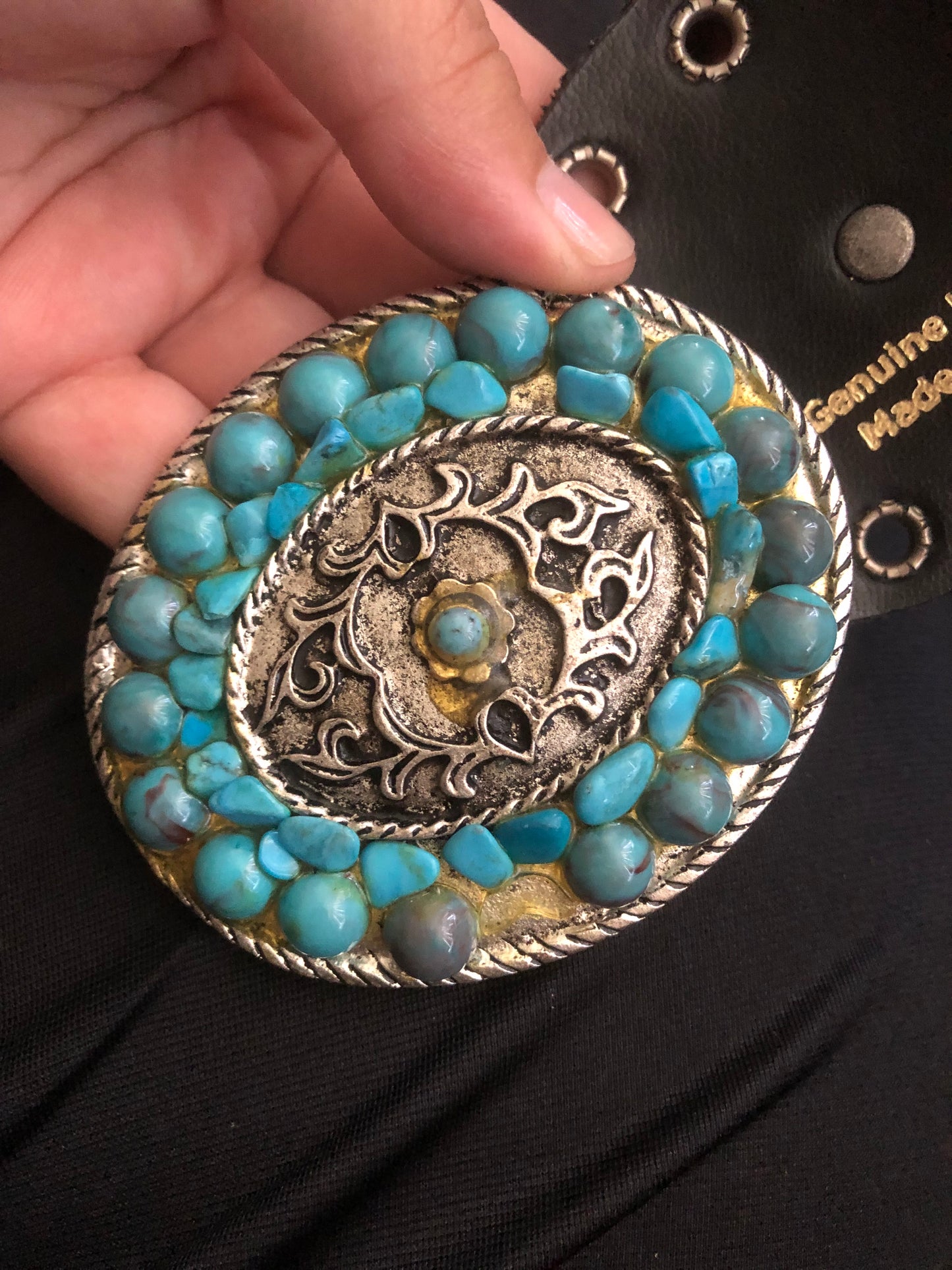 Vintage Black Leather Medallion Belt (M/L)