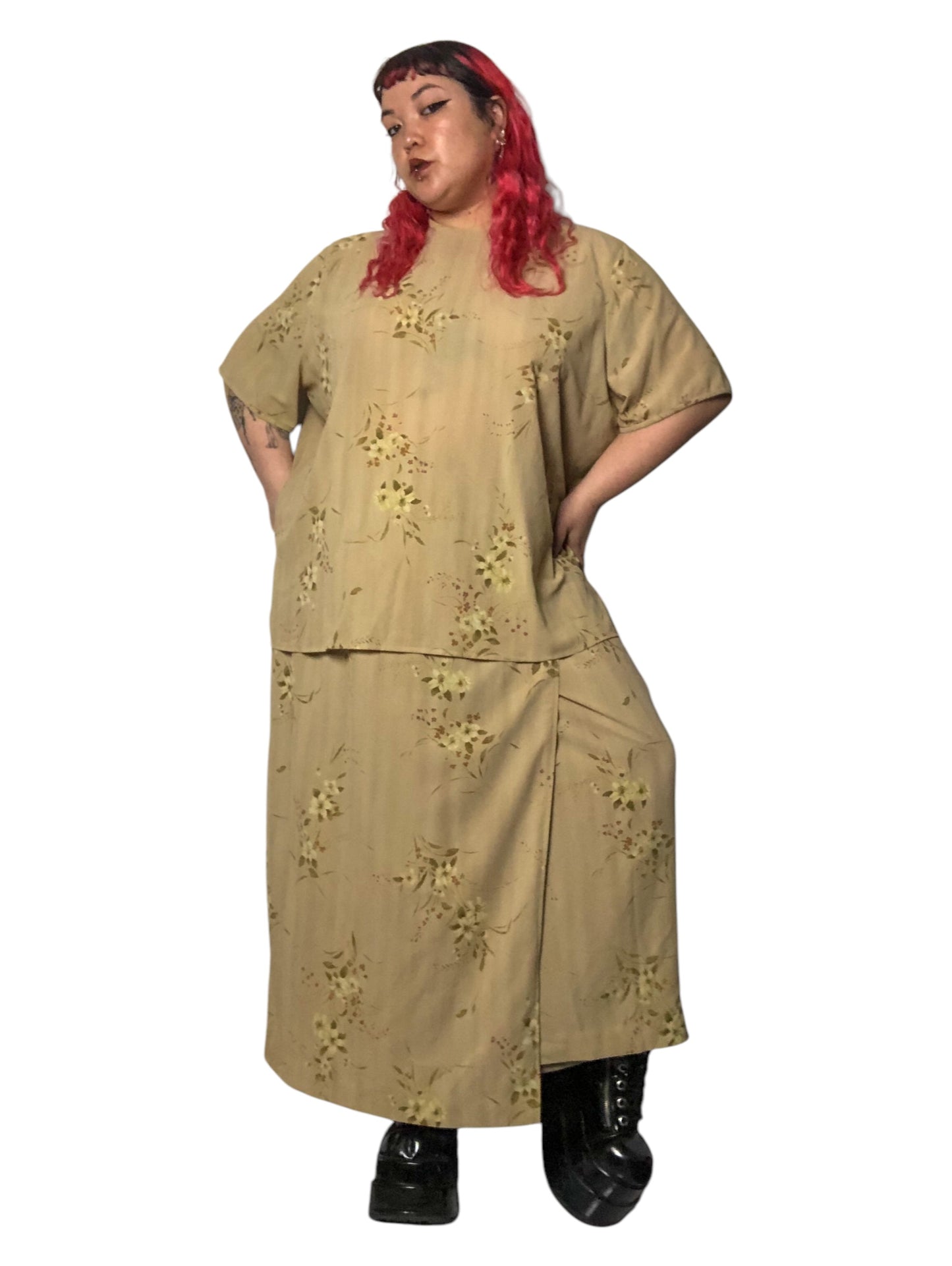 Y2K Rena Rowan Khaki Floral Print 2-Piece Set (3X)