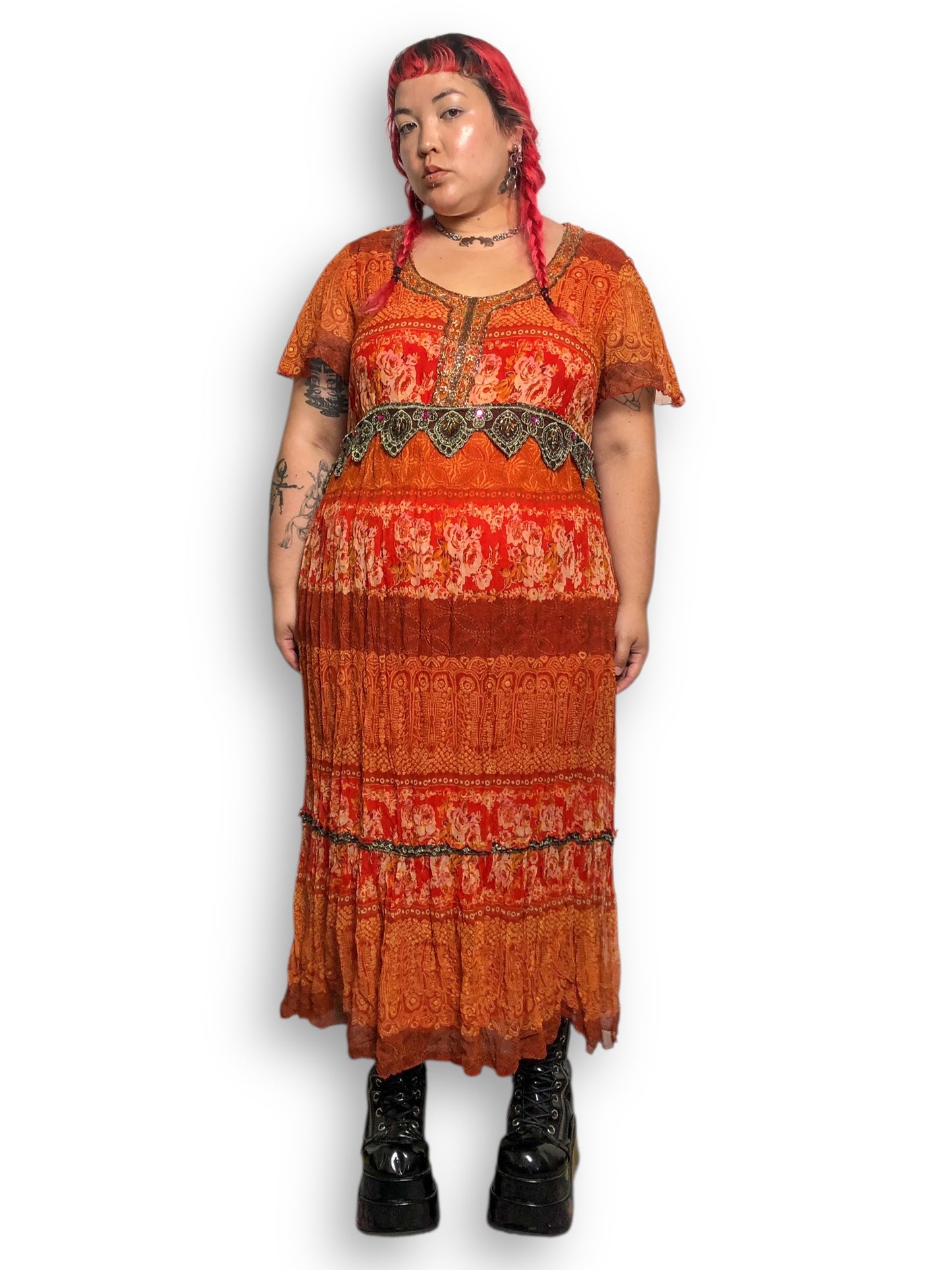 90’s/Y2K Signature by Robbie Bee Orange Patterned Maxi Dress (2X)
