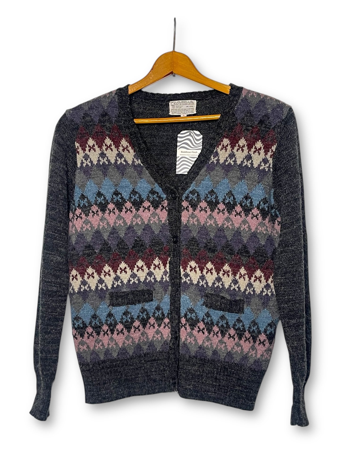 80’s Loubella Gray Argyle Knit Cardigan Sweater (L)