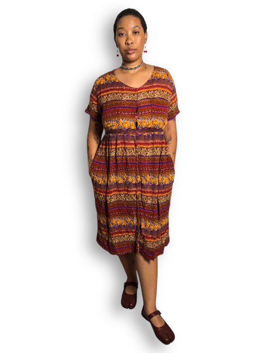 90’s Jennifer Moore Striped Patterned Midi Dress (XL)