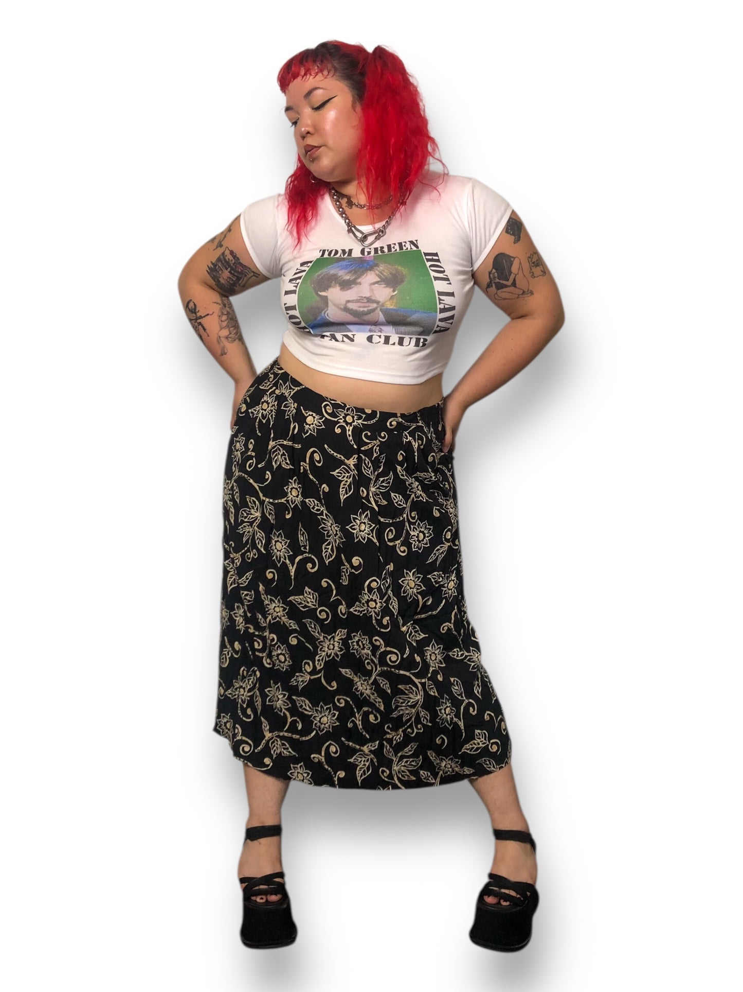 Y2K Sag Harbor Black Floral Print Midi Skirt (2X)