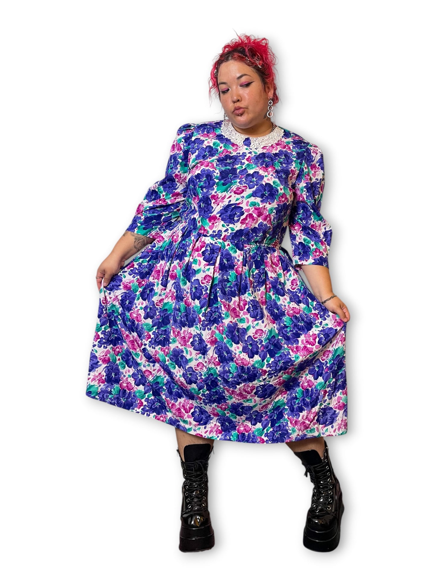 80’s Retro Floral Pleated Dress (1X/2X)