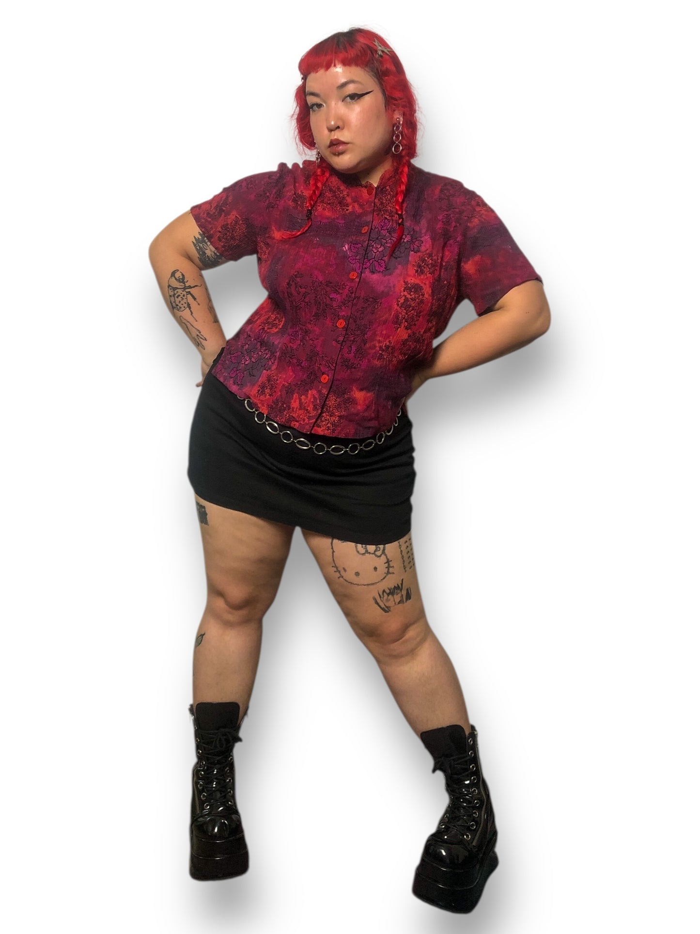 Y2K Red Floral Print Blouse (XL)