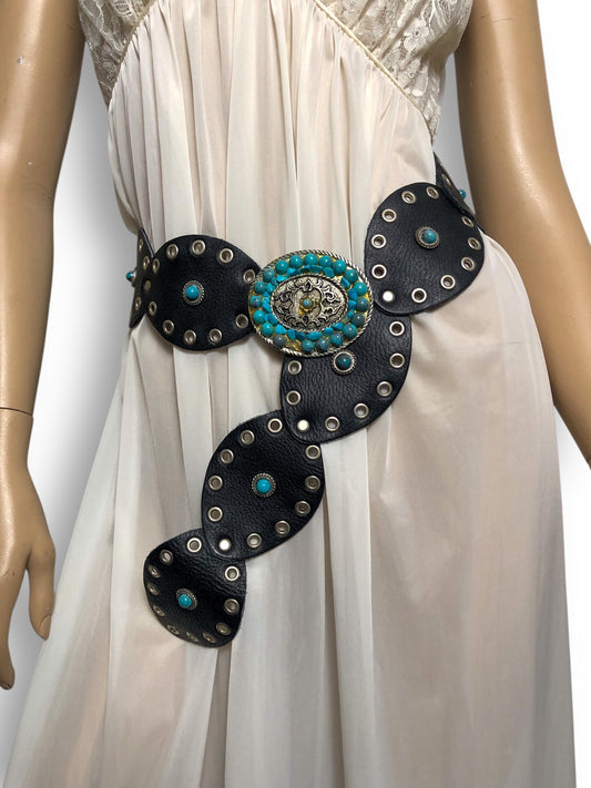 Vintage Black Leather Medallion Belt (M/L)