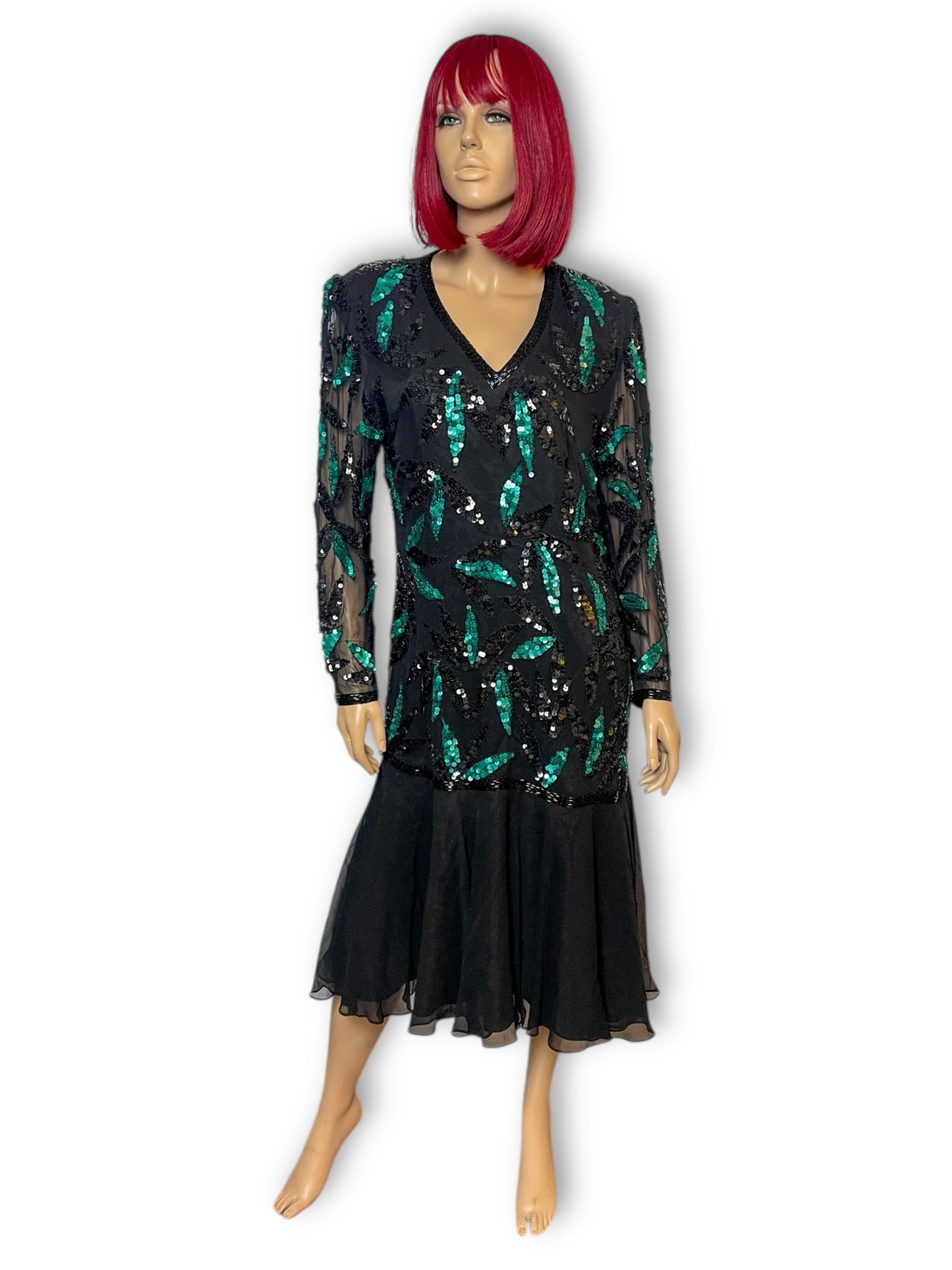 80’s Liz Elana Black and Teal Sequin Cocktail Dress (M)