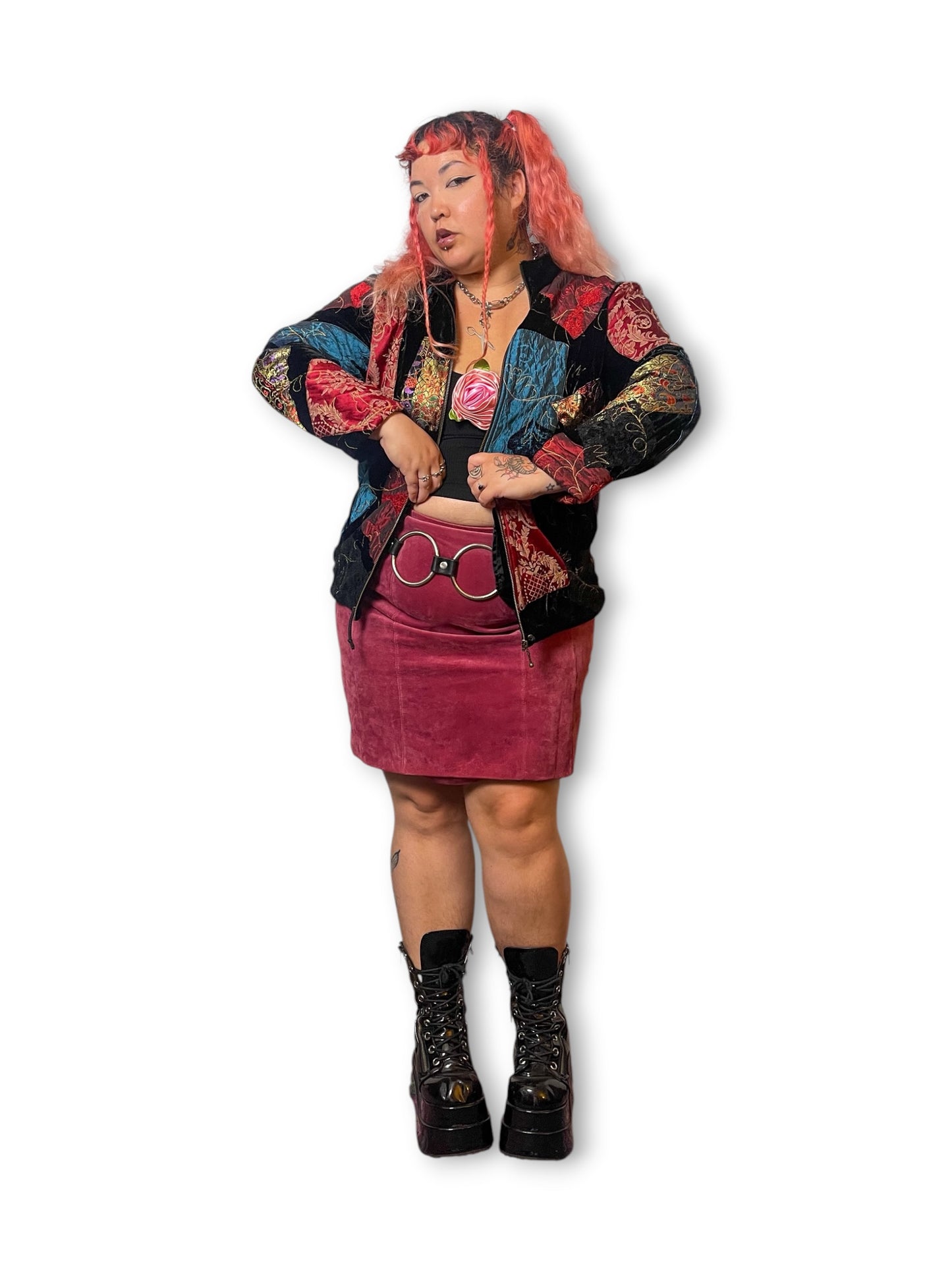90’s/Y2K Patchwork Velvet Bomber Jacket (XL)