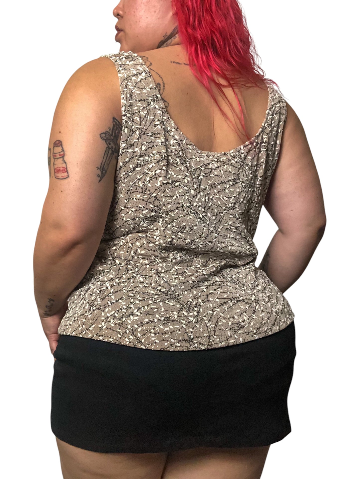 90’s Alex Evenings Glittery Tan Leafy Print Tank Top (XL/2X)